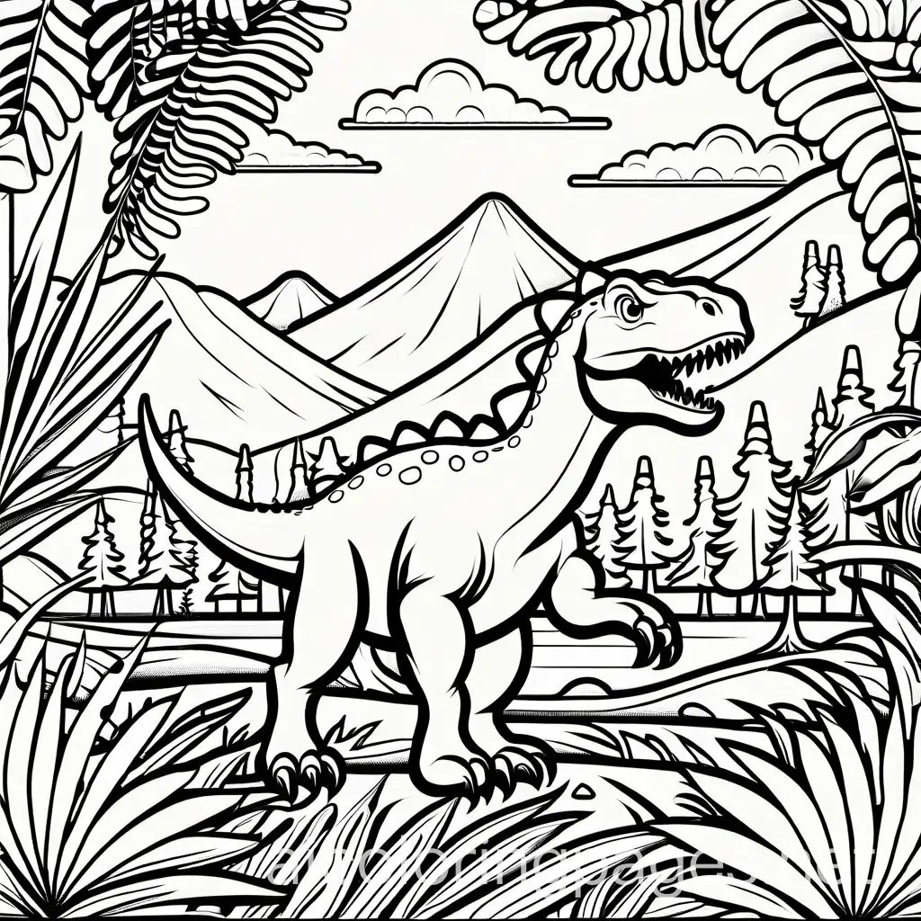 dinosaur in the florest, Coloring Page, black and white, line art, white background, Simplicity, Ample White Space. The background of the coloring page is plain white to make it easy for young children to color within the lines. The outlines of all the subjects are easy to distinguish, making it simple for kids to color without too much difficulty