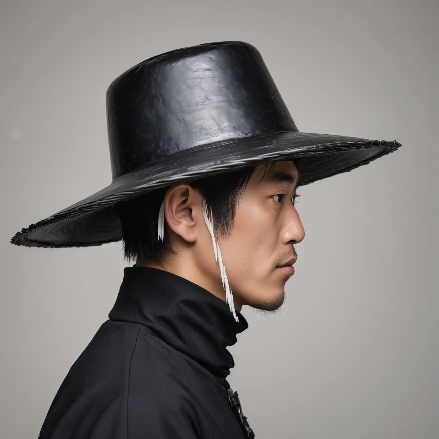 Portrait photograph, side profile view, Japanese man with white pupils and black metal conical hat, black turtleneck, white background