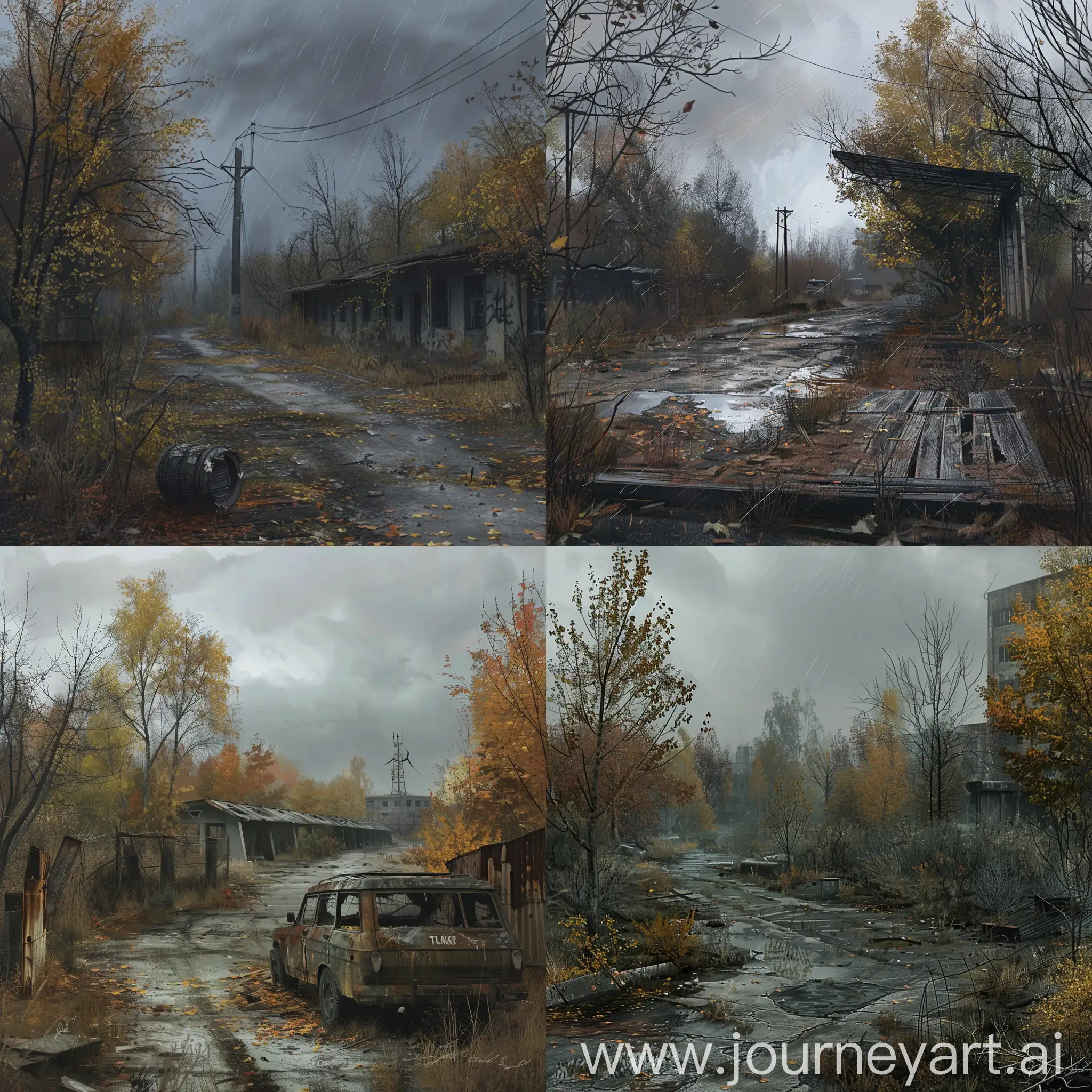 Concept art location for RPG game basic on the universe S.T.A.L.K.E.R. Shadow of Chernobyl, gloomy autumn.