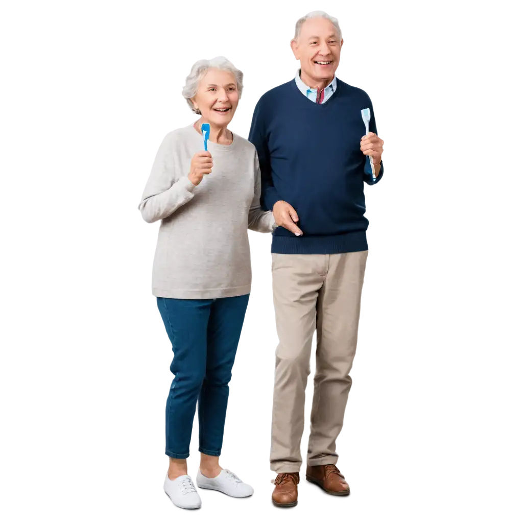 Grandpa and grandma are holding a toothbrush