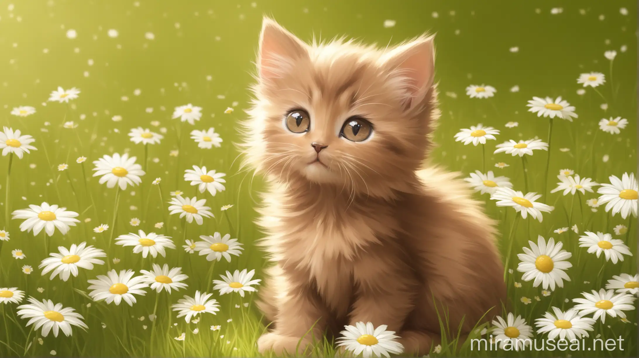 beautiful fluffy little brown kitten sitting on the lawn surrounded by daisies