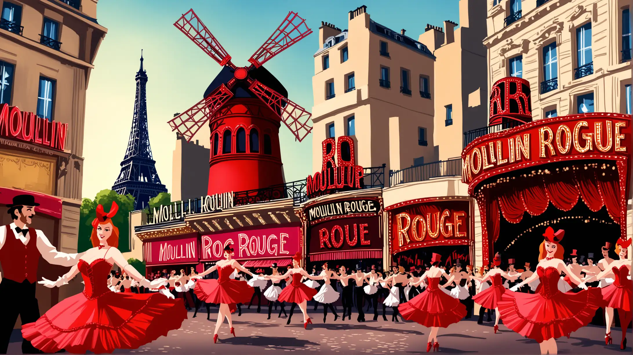 moulin rouge, Eiffel tower in the background, red-traditional windmill and can can dancers