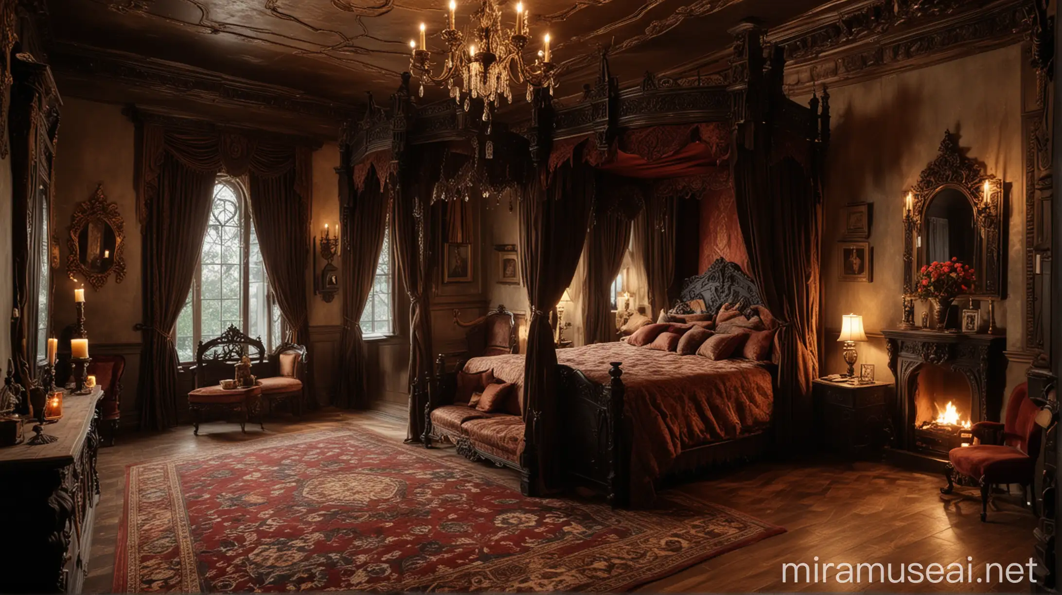 Luxurious Gothic Bedroom with Fireplace and Bed Opulent Castle Interior