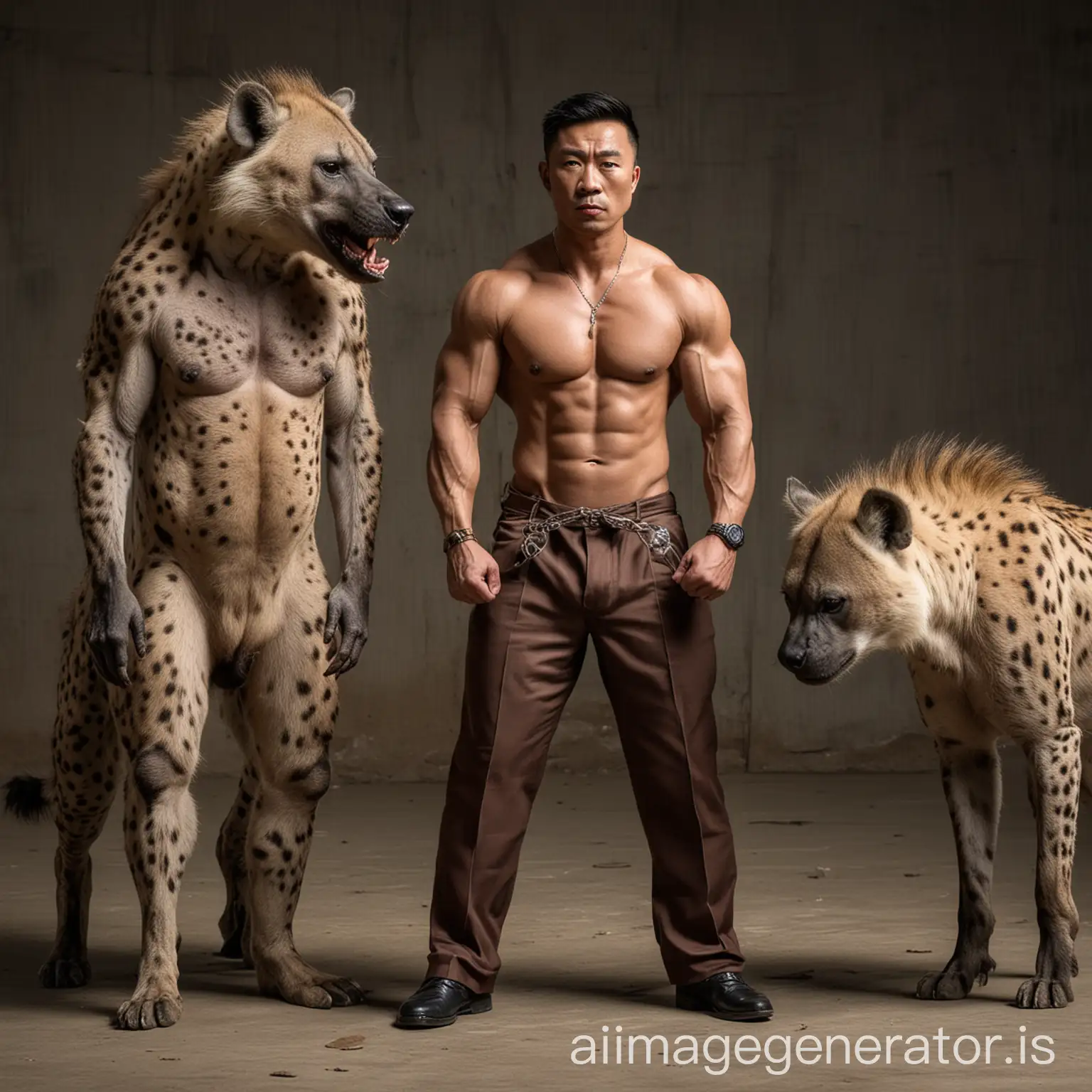 dressed boss chinese muscle man standing, arounded two normal size hyenas whos towards him