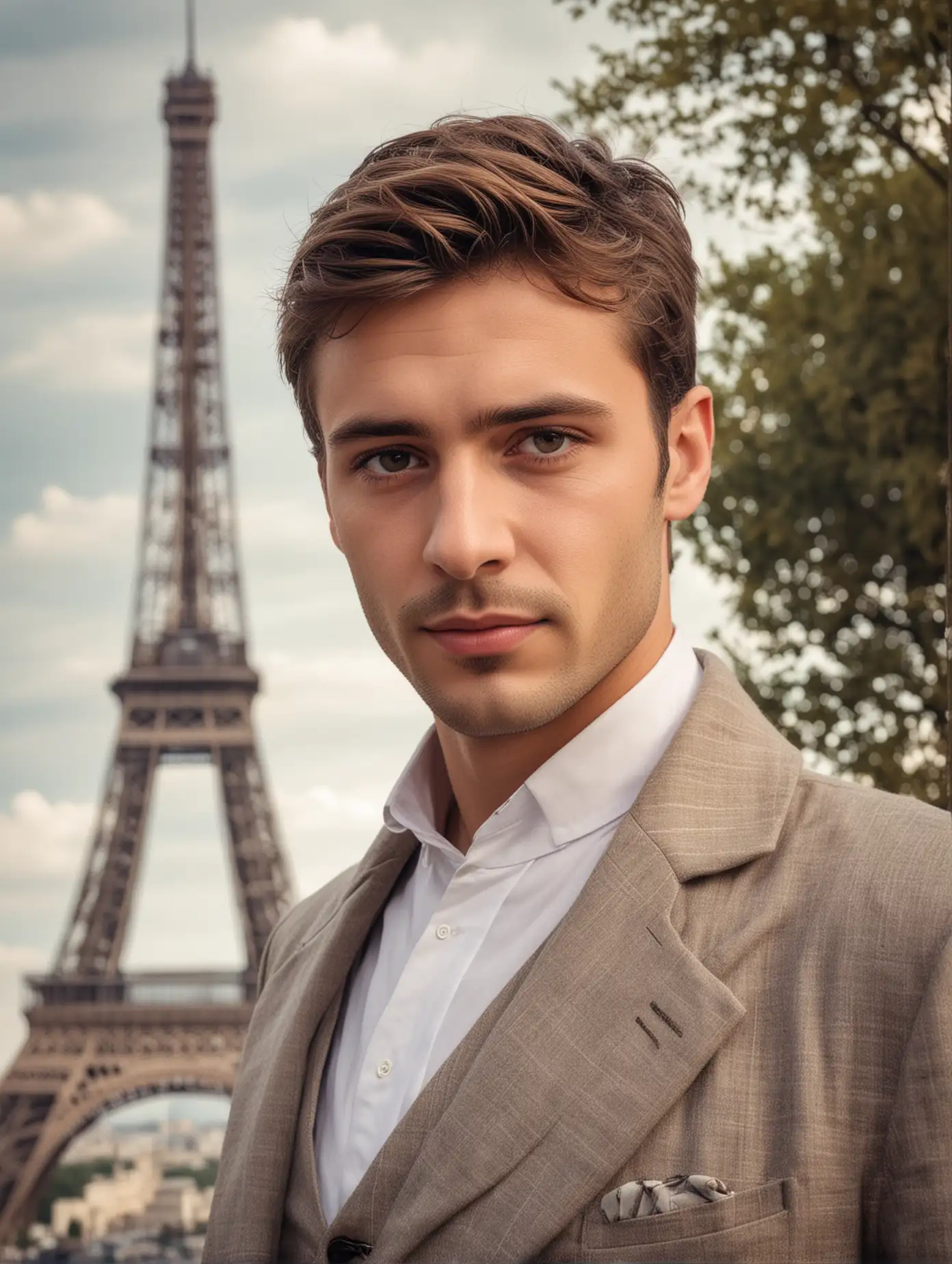 a handsome guy，French，Wearing French clothing， with exquisite facial features, With the Eiffel Tower in the background， professional photography technolog