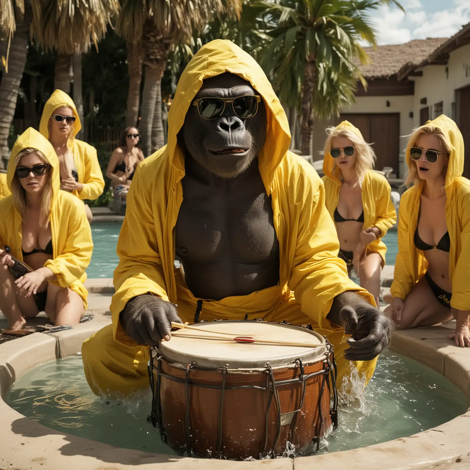The gorilla is inside a huge jacuzzi surrounded by sexy blonde women in bikini. he is playing african percusion. The gorilla wears dark sunglasses and a YELLOW COLOR jumpsuit like the one in the Breaking Bad series. His head is covered by the yellow hood.
he is playing an african drum instrument. Close up. cinematic. FACING THE CAMERA. 