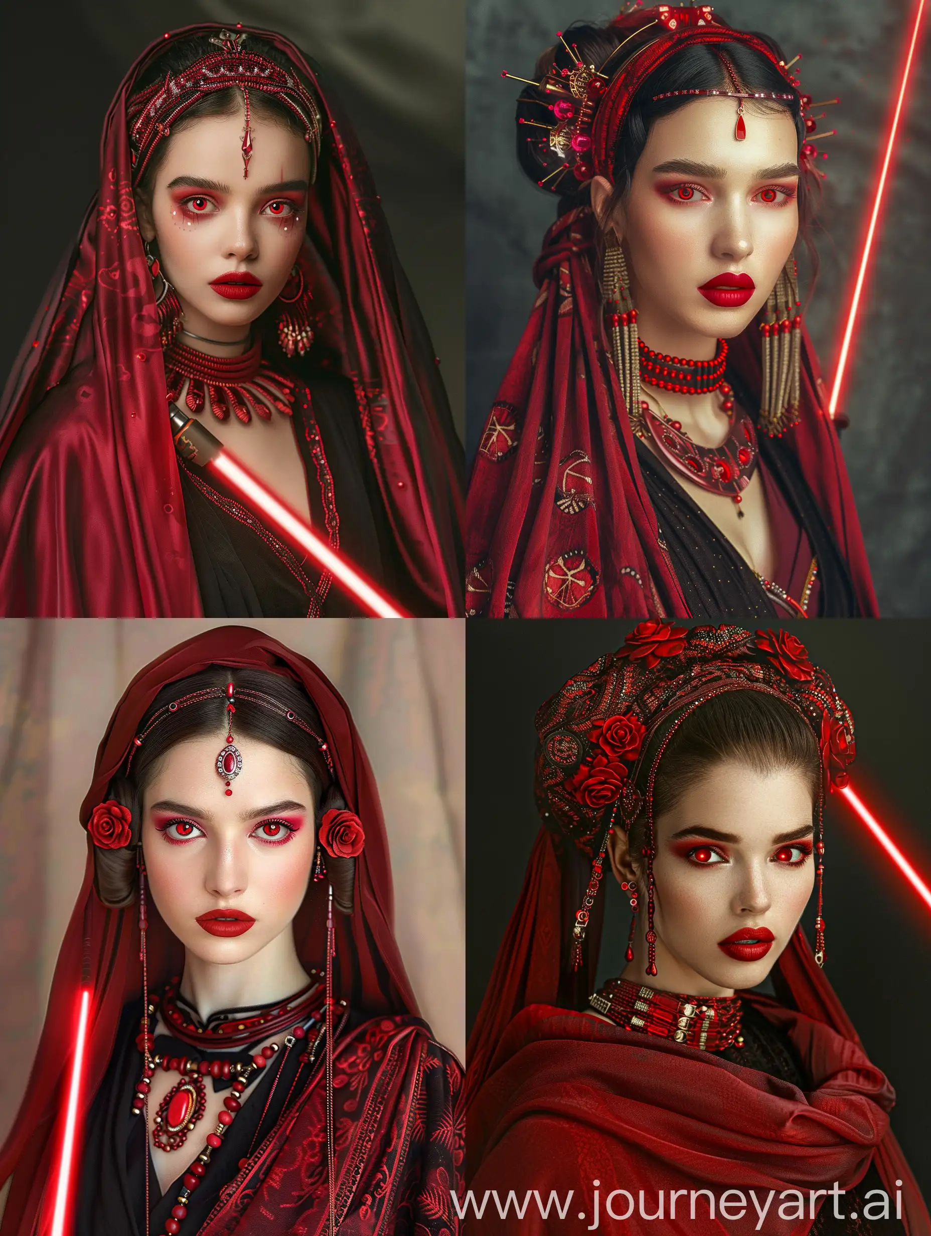 *A young and beautiful woman with red lipstick and a red shawl covering her hair, which is decorated with beautiful red jewelry. She has big red eyes and looks like Padme Amidala. She is a Sith apprentice with a red lightsaber and a red black outfit. Artgerm, Padme Amidala, red lipstick, red shawl, red eyes, beautiful, jewelry, Sith, apprentice, big red eyes, red lightsaber, red black outfit, evil.*