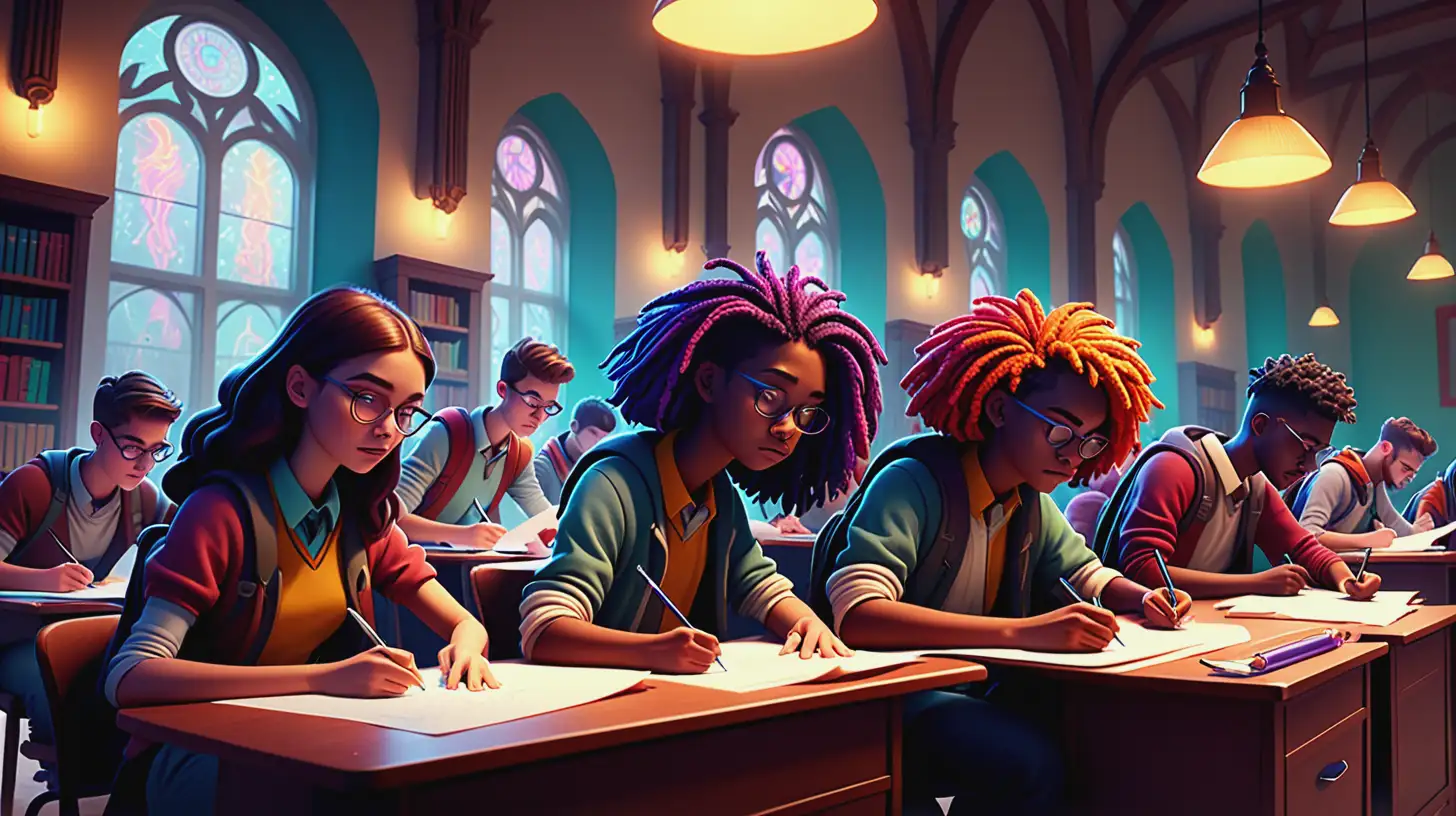 Fantastical University Students Writing Papers with Vibrant Colors and Dramatic Lighting