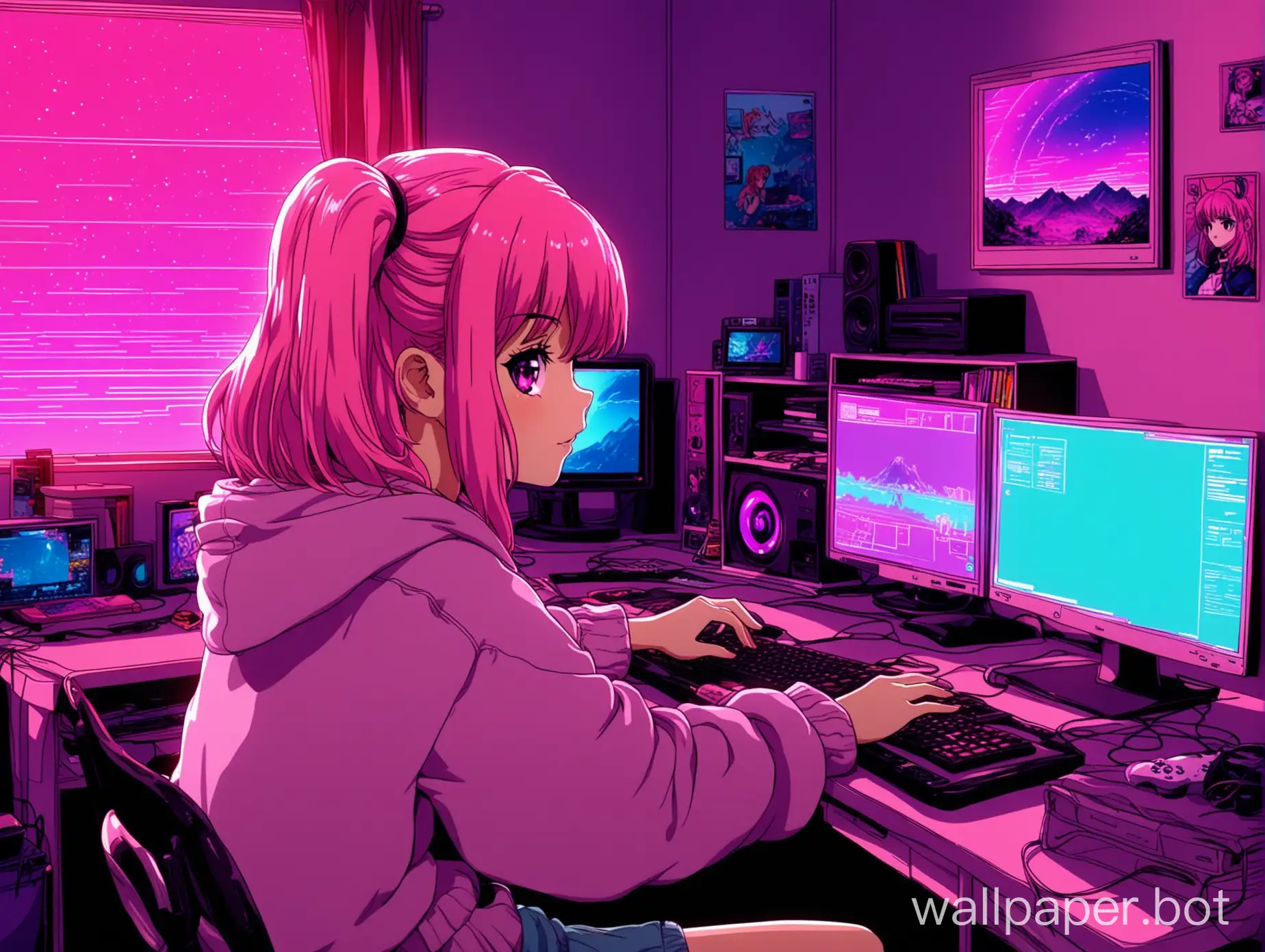 lofi anime girl pink hair drawing at a desk in front of a pc in a cozy room. The room has synthwave colors and video game paraphernalia