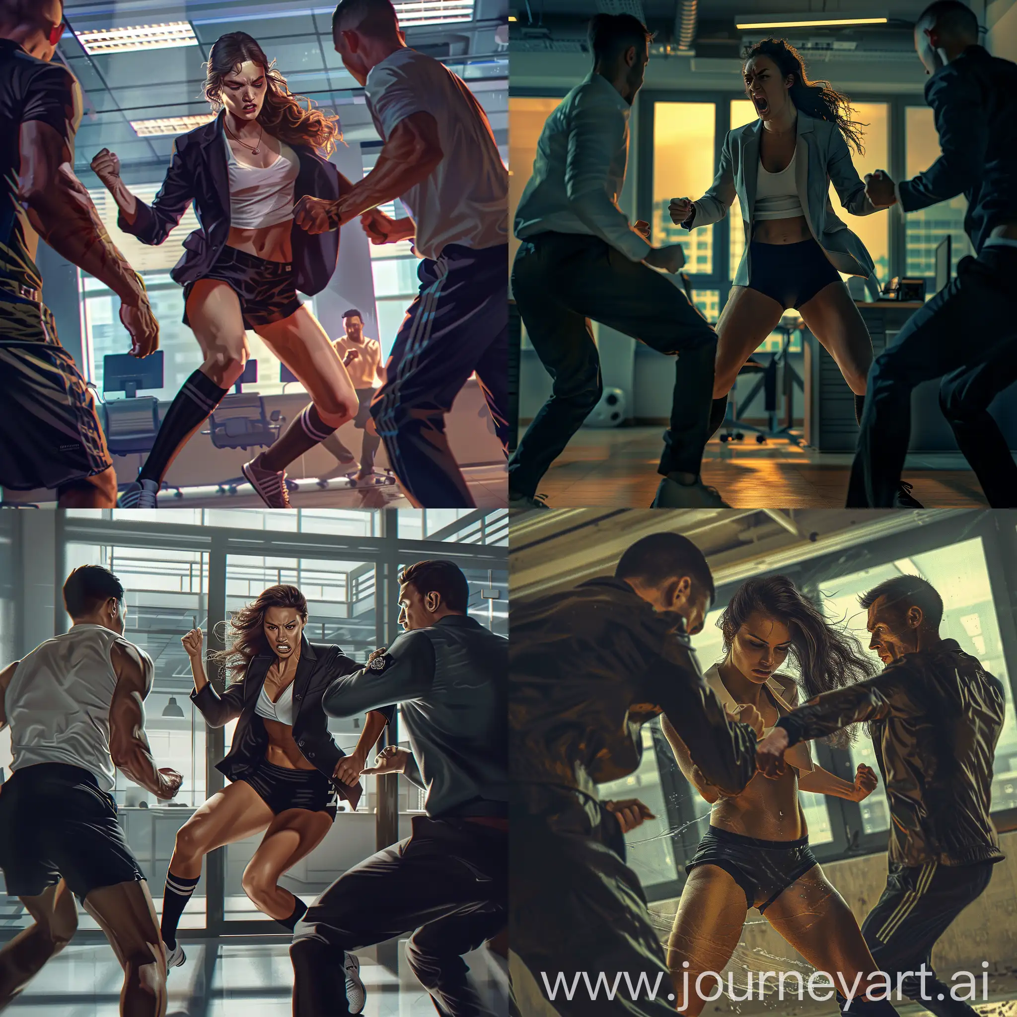 IT company office, reception zone. A young muscular woman in (formal suit jacket, black shorts, adidas black overknee socks) attacked by two male in sport clothing, sport pants. The woman is struggling and trying to defend herself but is clearly outmatched. Realistic style, dramatic lighting, intense action scene.