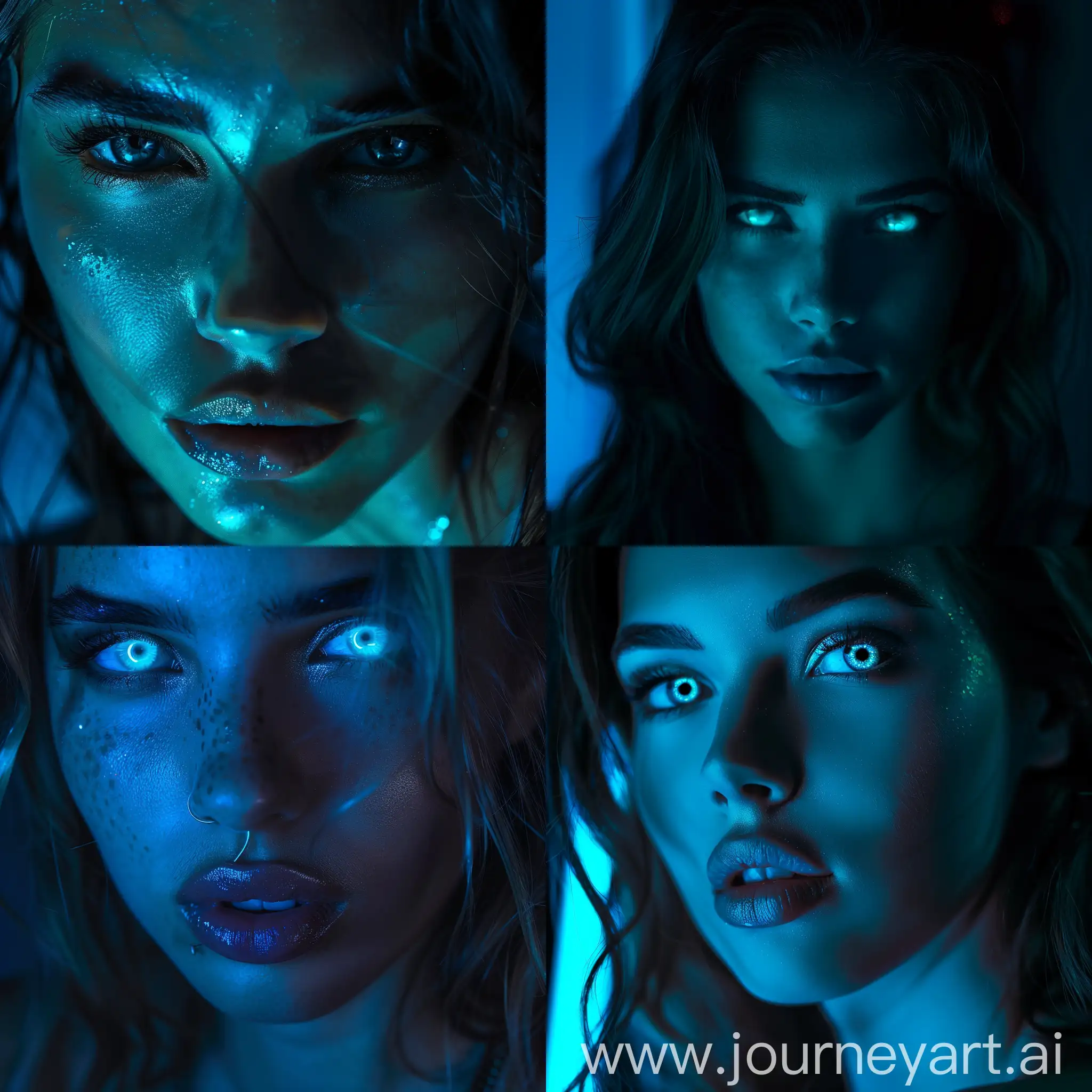 beautifull hot girl in dark backgroud , on girl face some blue neon light, front face , dramatic pic , dramatic glow eyes, dark tone theme 