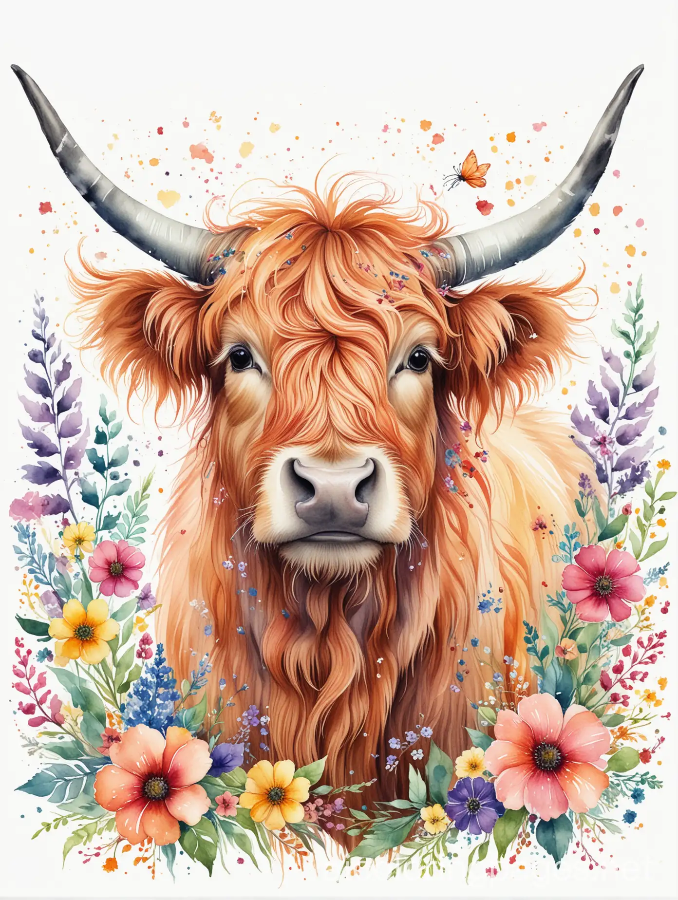 Whimsical highland cow illustration adorned with vibrant watercolor florals isolated on a white background, capturing the essence of springtime joy, artful graphic design, vibrant colors, joyful composition, Coloring Page, black and white, line art, white background, Simplicity, Ample White Space.