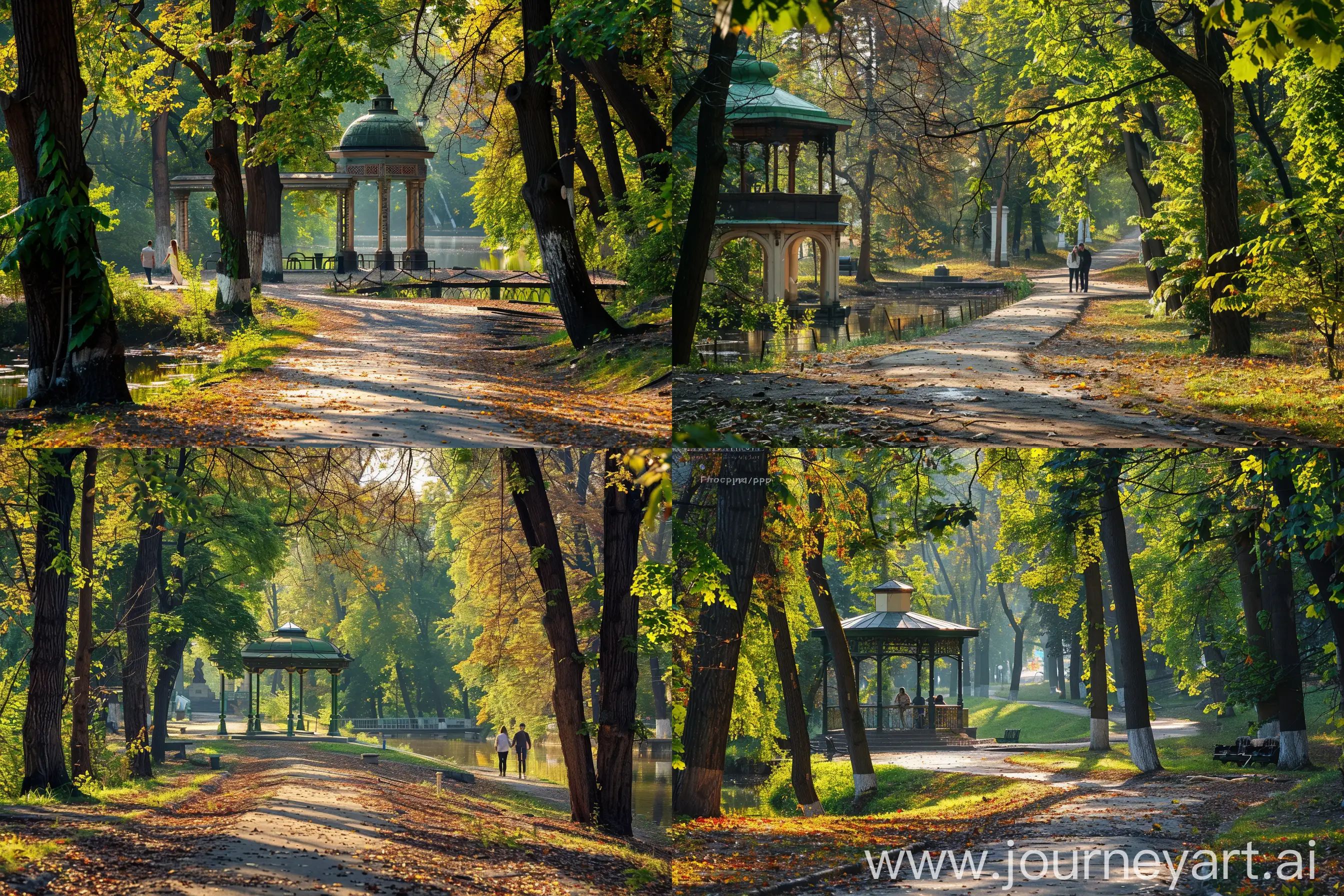 /imagine prompt: A photograph of Kyiv's Olexandria Dendropark in autumn, trees with colorful foliage, a serene path covered in fallen leaves, a historical gazebo in the background. Warm, golden afternoon light, soft shadows, crisp air, a couple taking a stroll, hd quality, natural look --ar 3:2 --v 6.0