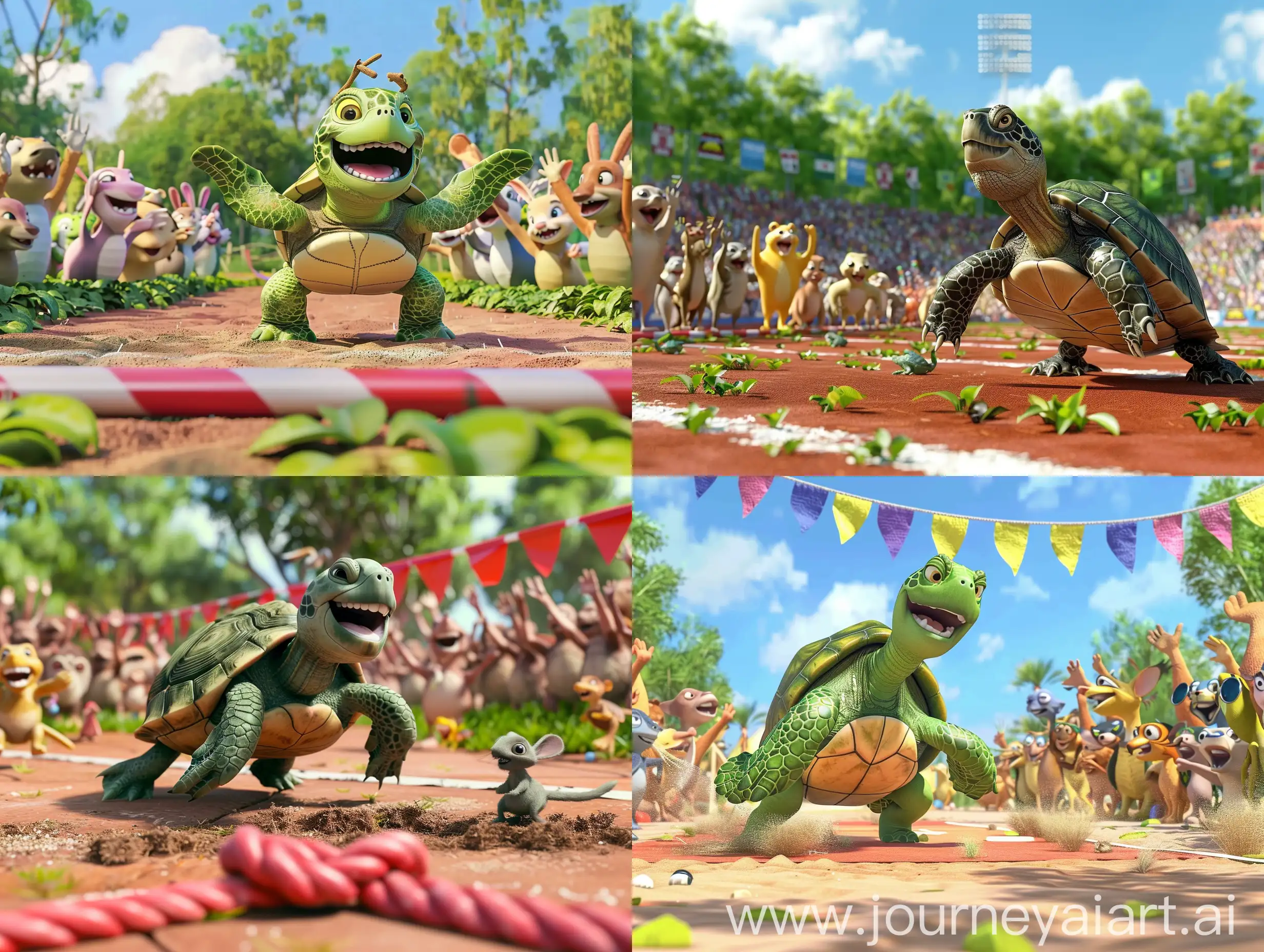 乌龟冲过终点线，所有的小动物都围绕着它欢呼庆祝，3D，迪斯尼动画风格