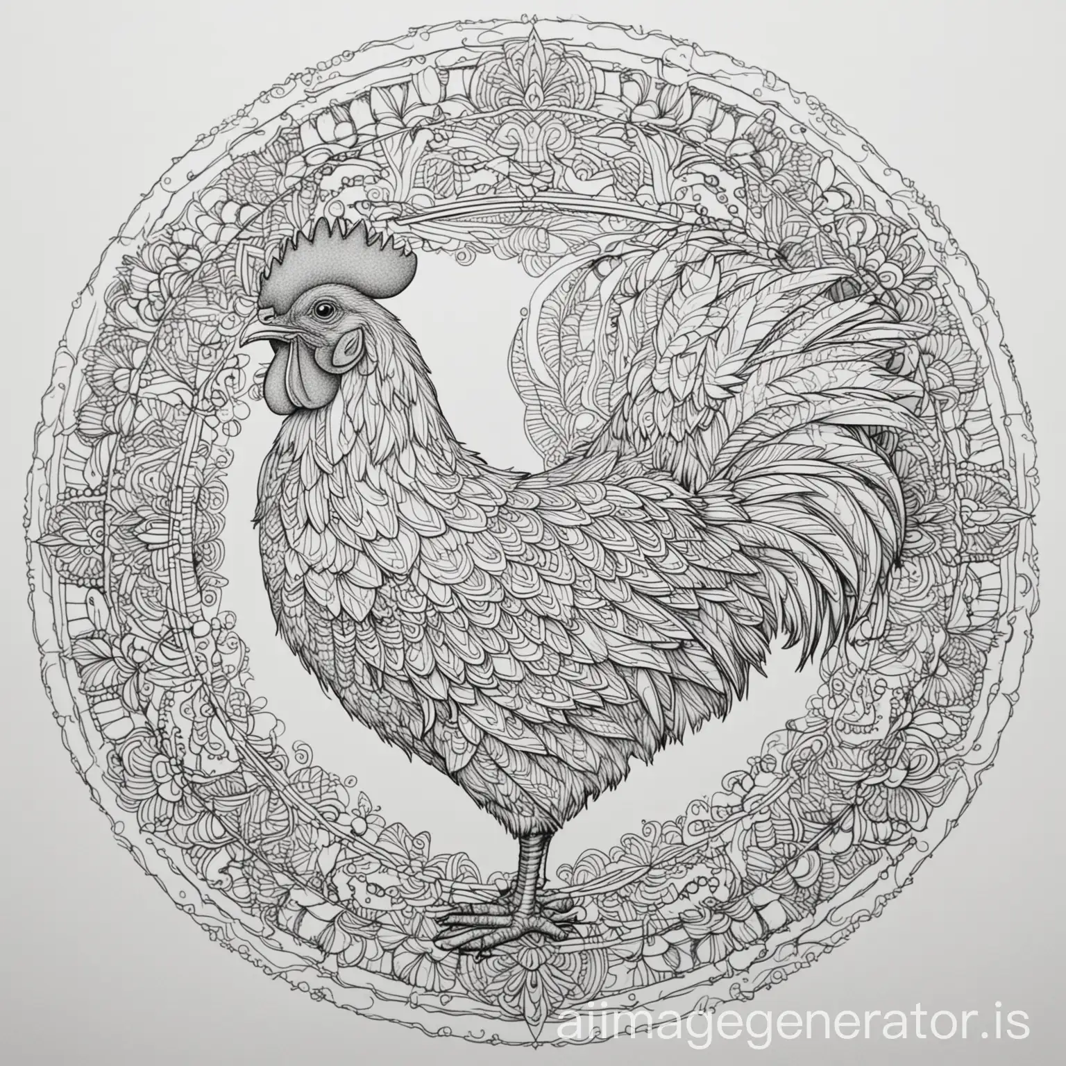 coloring page for adult, mandala, Chicken image, white background, fine line art, aspect ratio 2:3