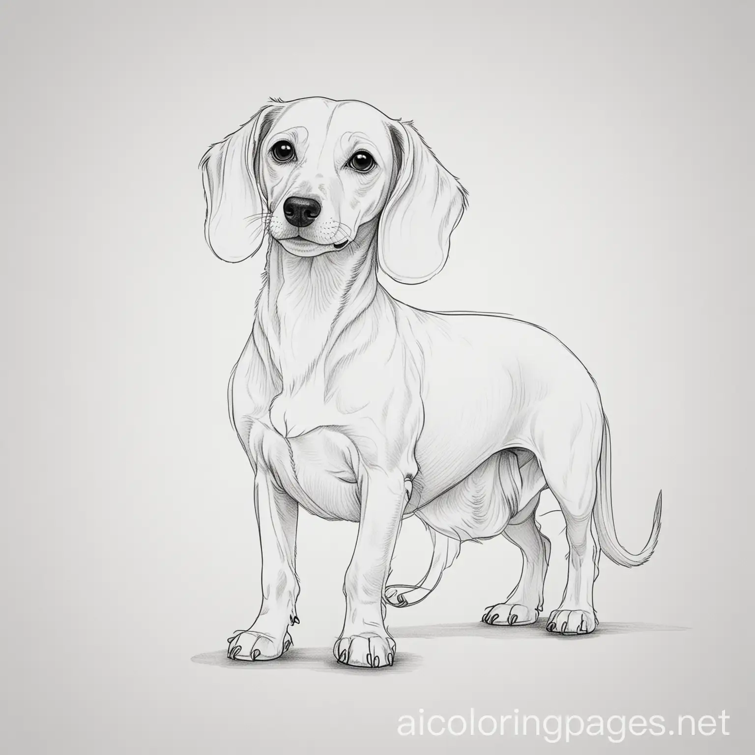 dachshund with long legs, Coloring Page, black and white, line art, white background, Simplicity, Ample White Space. The background of the coloring page is plain white to make it easy for young children to color within the lines. The outlines of all the subjects are easy to distinguish, making it simple for kids to color without too much difficulty