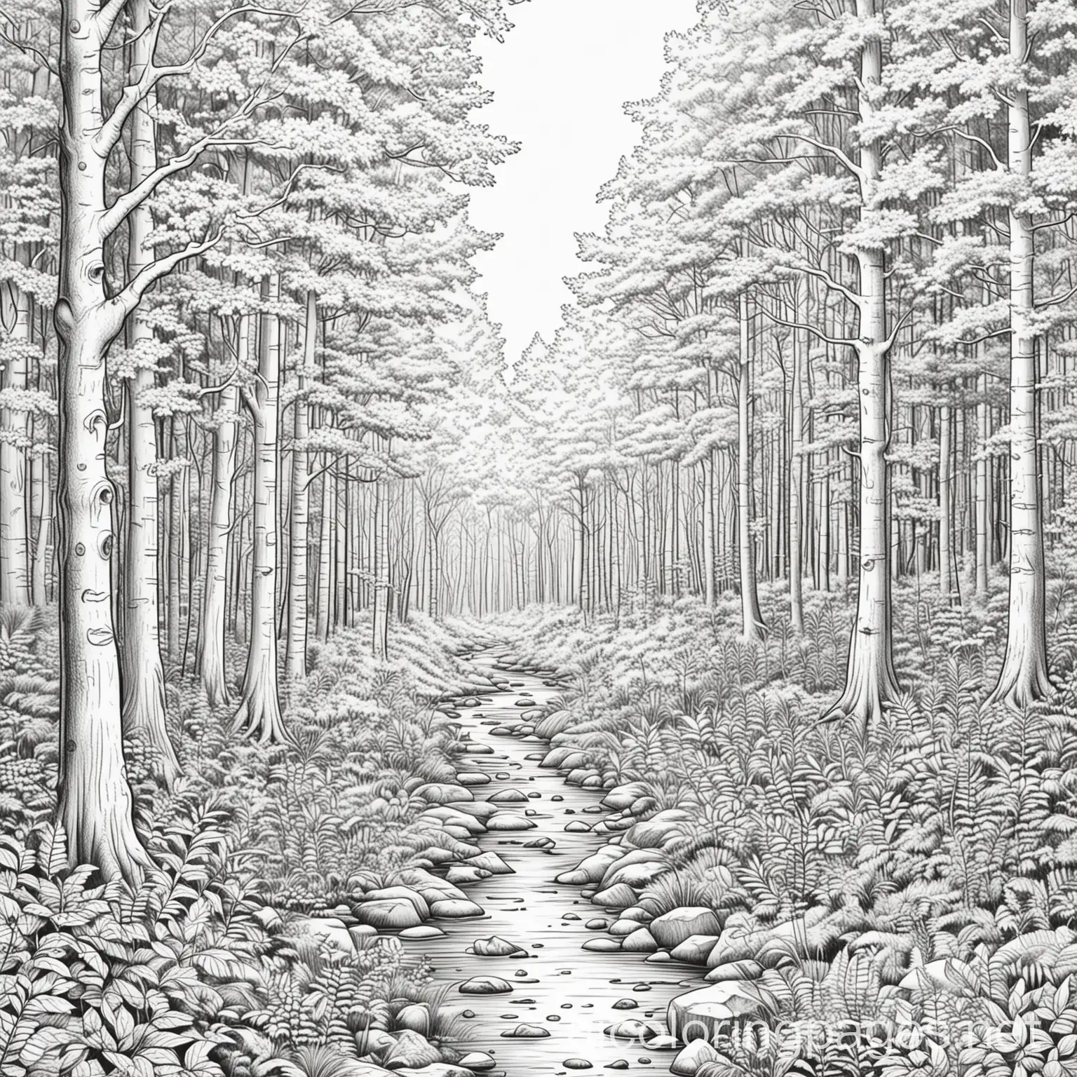 Forest scene, Coloring Page, black and white, line art, white background, Simplicity, Ample White Space. The background of the coloring page is plain white to make it easy for young children to color within the lines. The outlines of all the subjects are easy to distinguish, making it simple for kids to color without too much difficulty