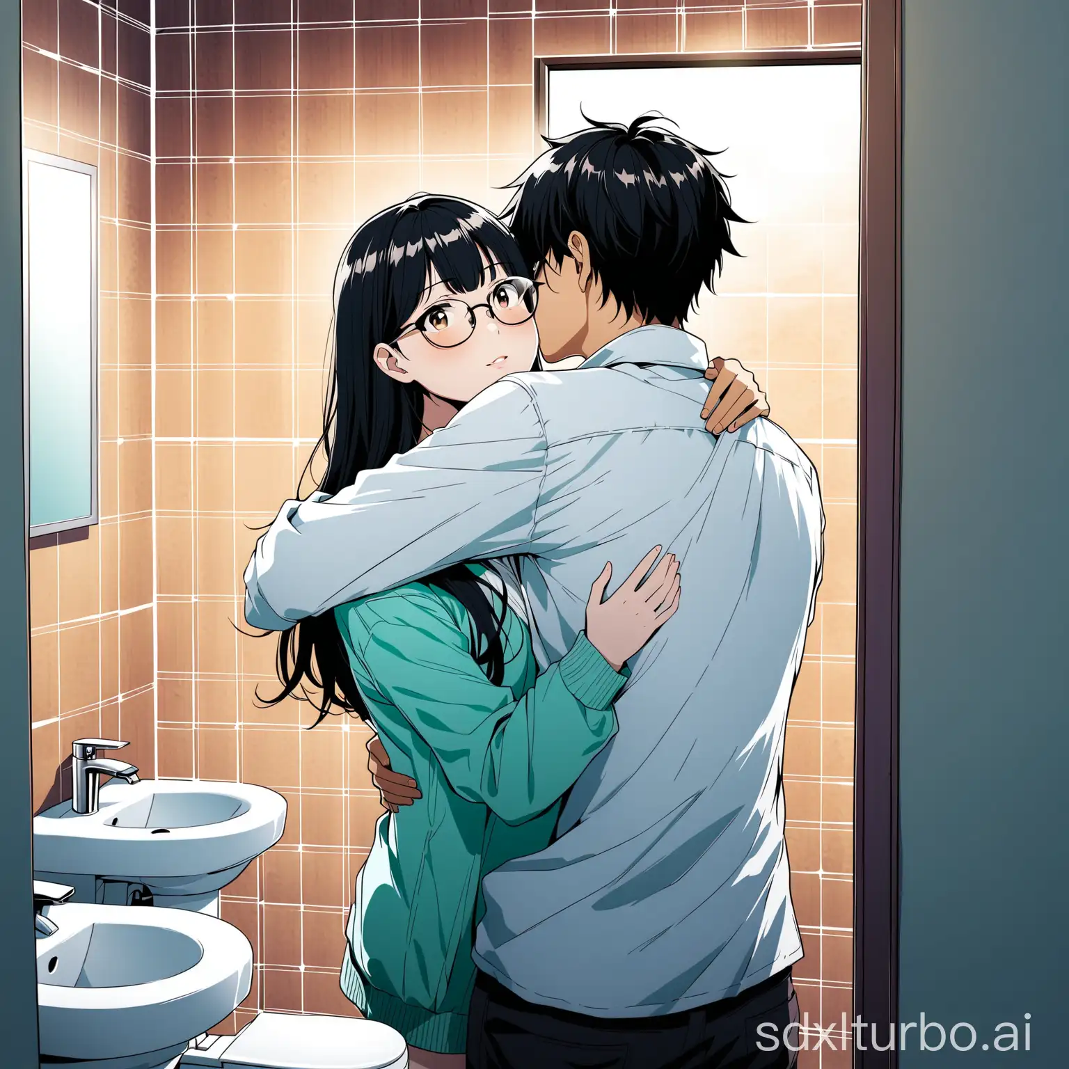 Full view, in a bathroom, a young adult man, beautiful, white skin, black hair, long, messy and with bangs, dark circles, glasses, hugging an Asian girl, from behind