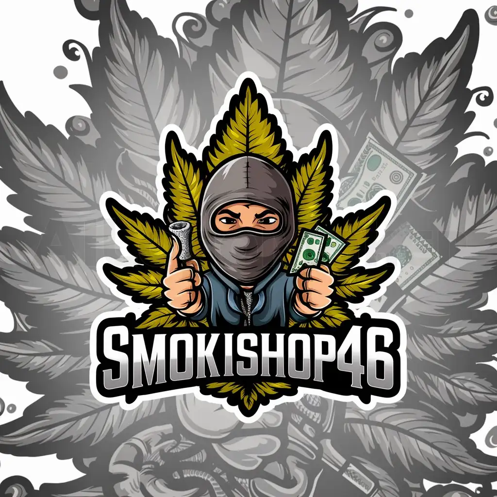 a logo design,with the text "SmokiShop46", main symbol:A highly detailed weed inspired background with a cartoon character wearing a balaclava holding money and a joint,complex,be used in Others industry,clear background
