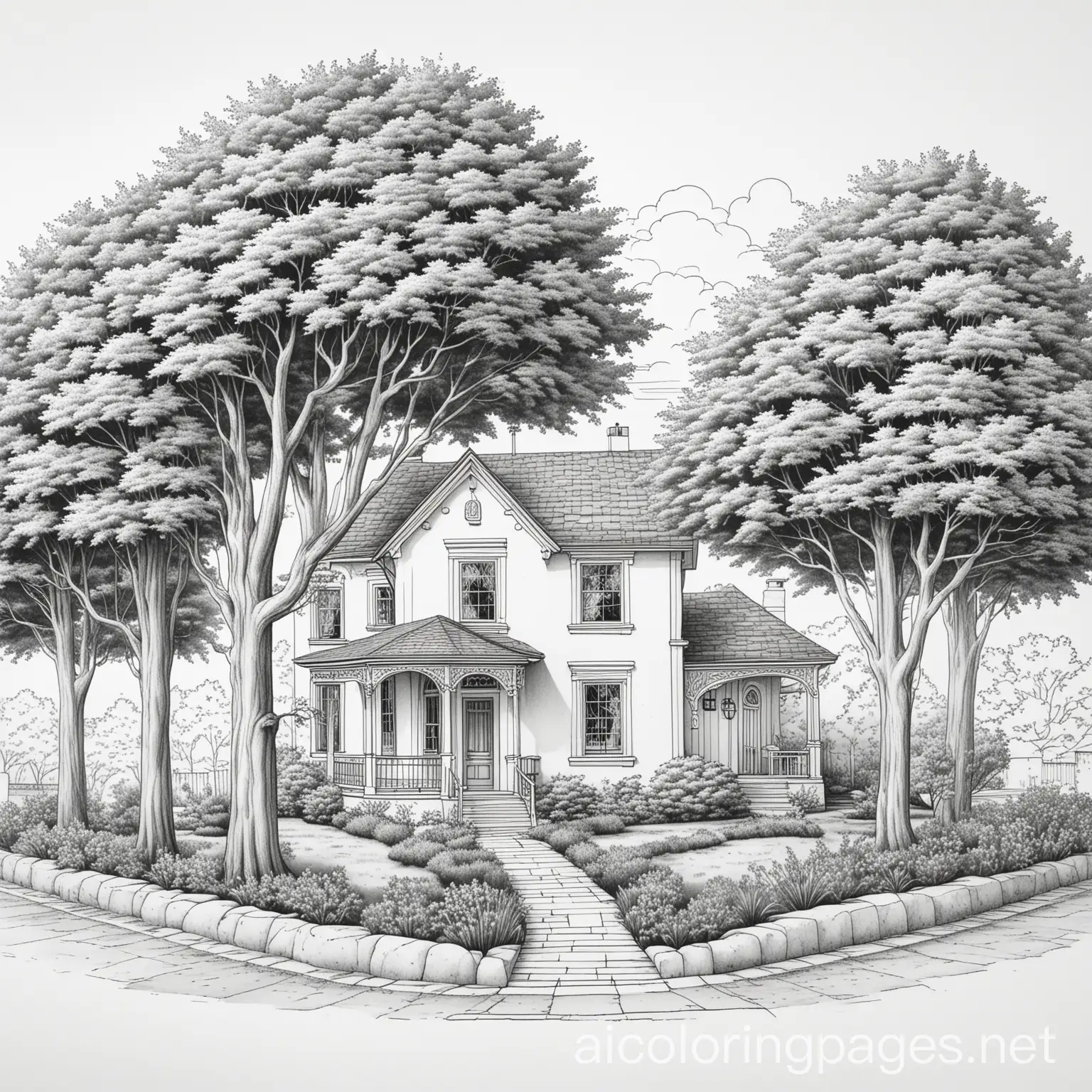 Simplicity-Line-Art-House-with-Trees-Coloring-Page