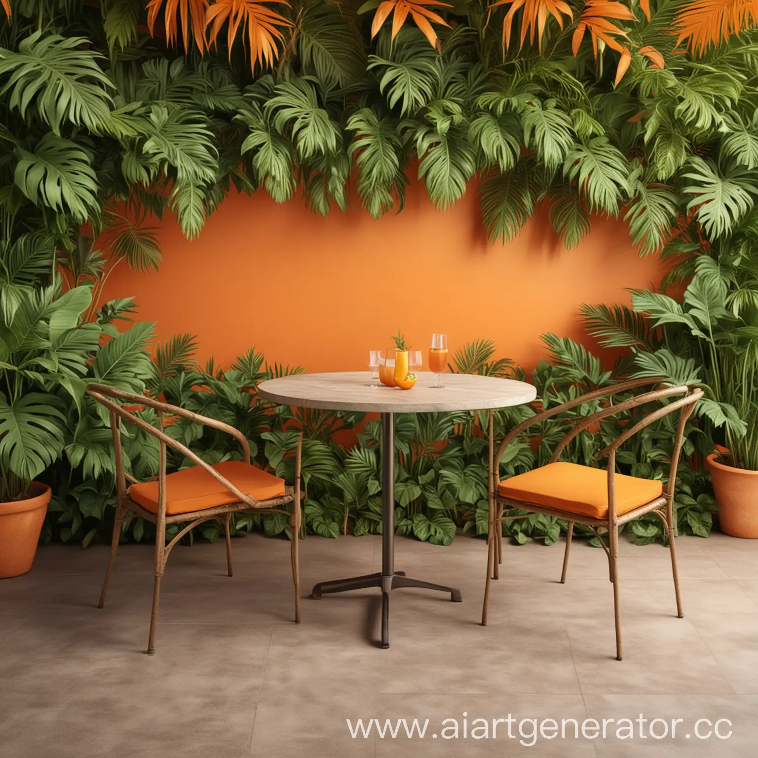 Летняя веранда ресторана со столом крупным планом, с тропическими листьями, градиентный фон, оранжевые цвета, 3D