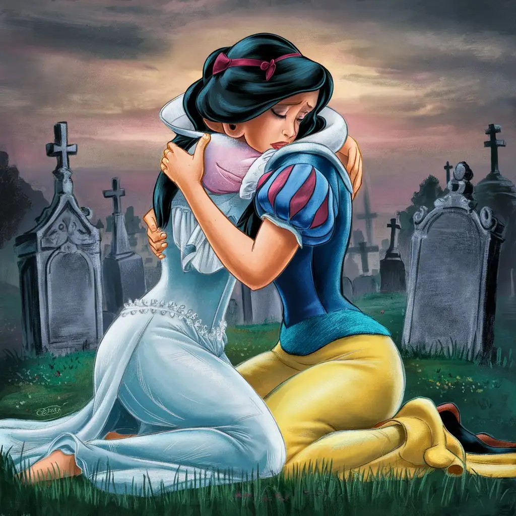 Two lesbians sleeve short princess jasmine consoled princess snow white cried a lot hug cemetery funeral drawings Disney 1937s