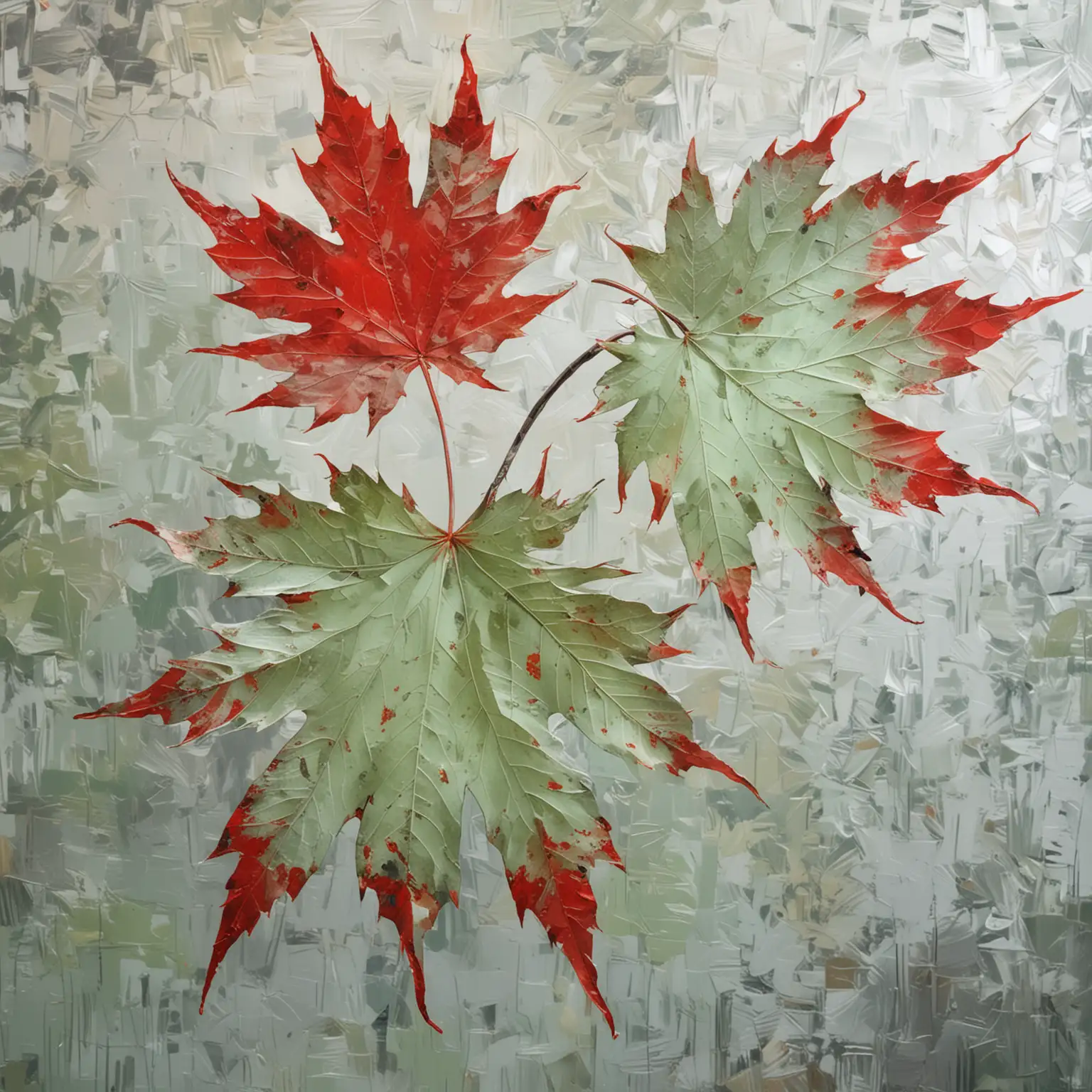 abstract with bright silver background, very large pale green and red maple leaves in foreground