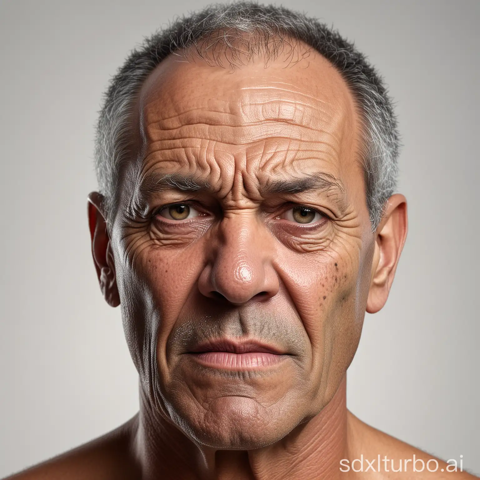 photorealistic masterpiece closeup photo of a manly mature black 70 year old father with clean shaven face, shaved face, angry expression, frown, white background