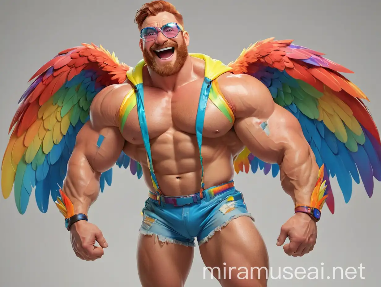 Muscular RedHeaded Bodybuilder Flexing with Rainbow Eagle Wings Jacket