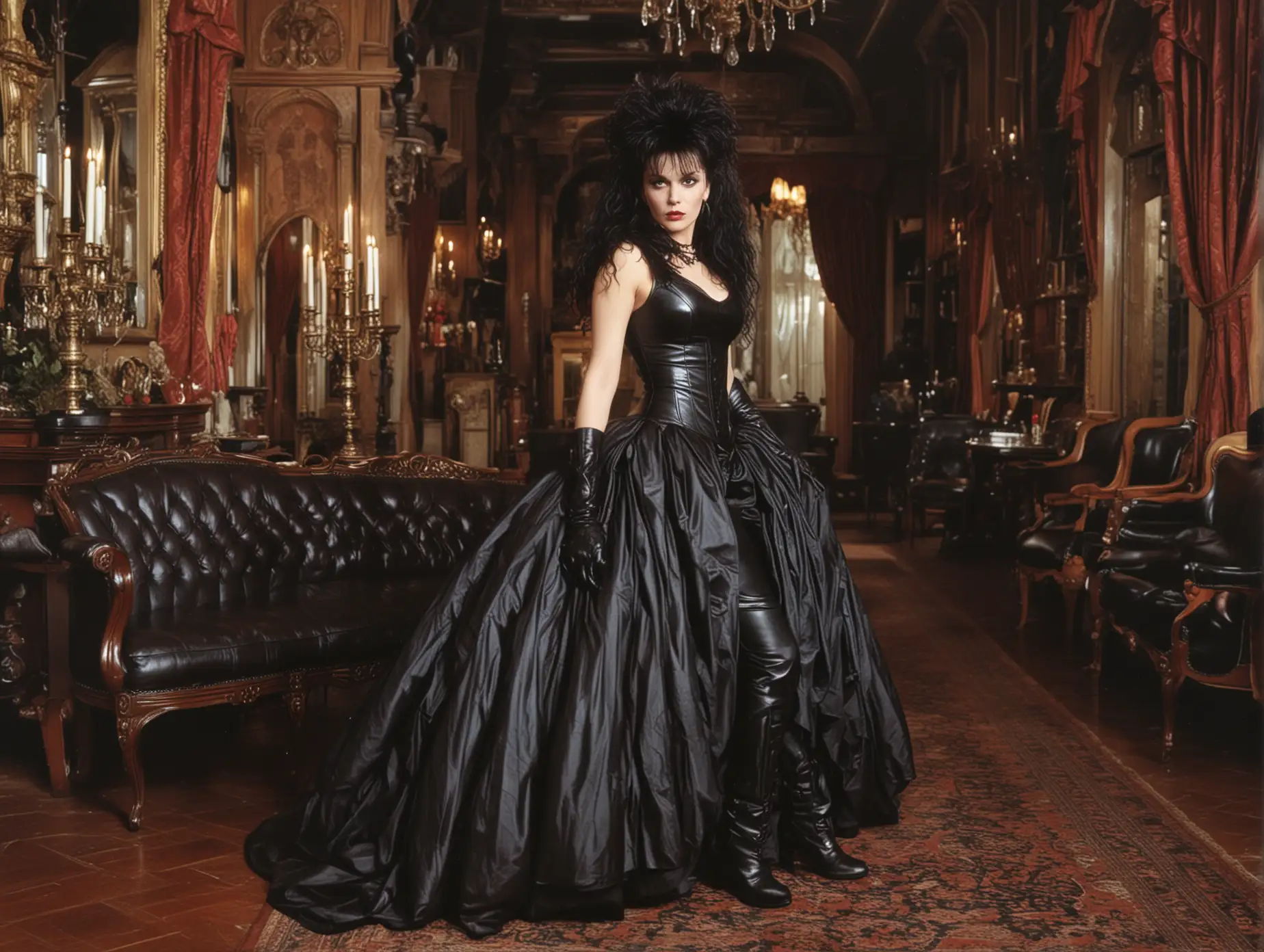 1980s Patricia Morrison with enormous huge spiky hair wearing sleeveless black leather full length ball gown, black leather gloves, black leather ankle length boots standing in a gothic mansion lounge