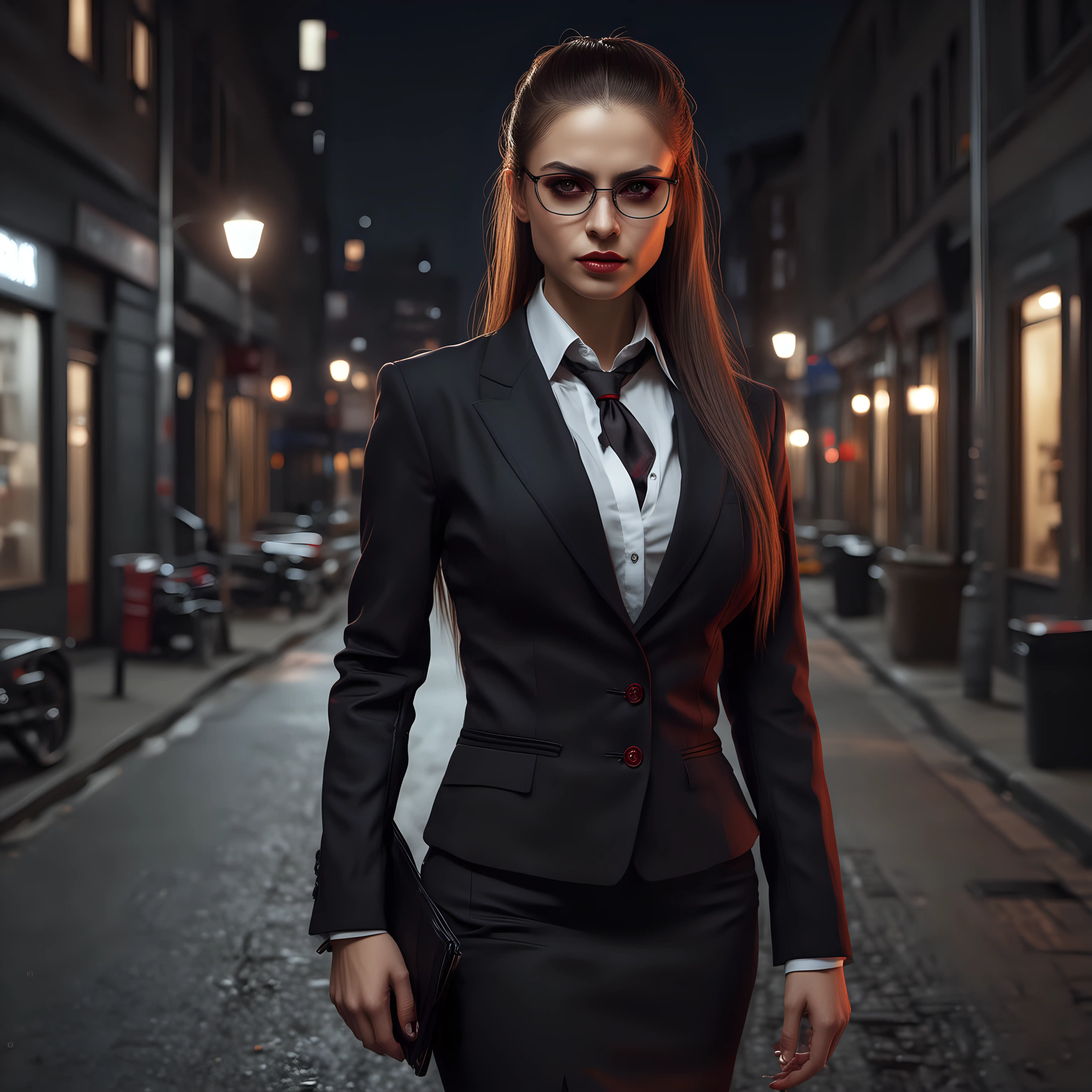 A female Malkavian vampire, long hair, tight ponytail, red glowing eyes, glasses, businesswoman, wearing a suit, long skirt, standing outside on the street at night, realistic