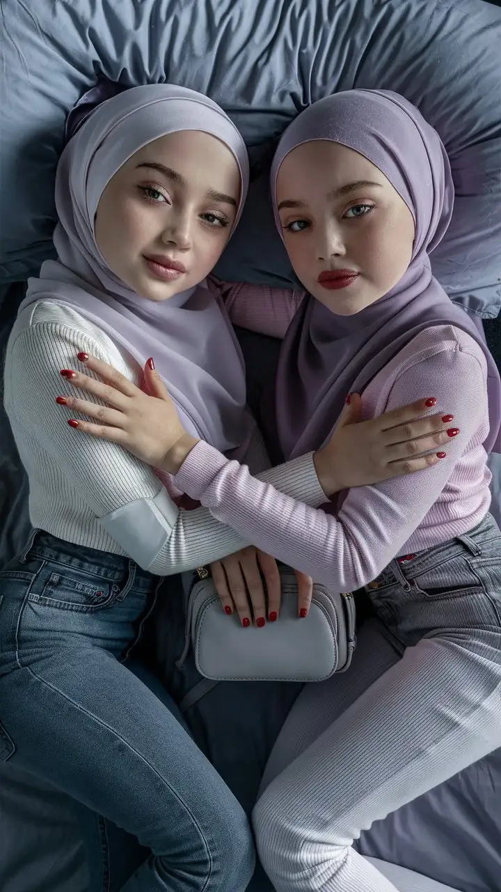 2 little porcelain skin girl.  14 years old. They wear a modern hijab, skinny jeans.
They are beautiful. They lie on the bed. well-groomed, turkish, quality face, plump lips.
Bird's eye view, top view, cool face, hugs. nail polish. Purse lips 