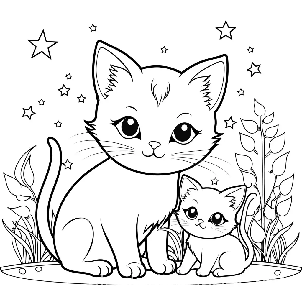 Cute-Little-Cat-and-Kitten-Coloring-Page-Simple-Line-Art-on-White-Background