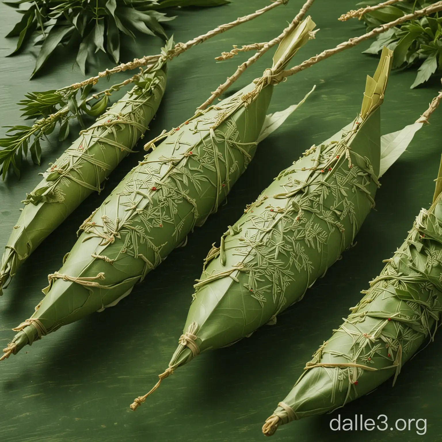 Create an image themed around the Dragon Boat Festival (Duanwu Festival). The background should feature green tones with elements like zongzi leaves, dragon boats, and the Miluo River. Include illustrations of Qu Yuan, the poet, and scenes from the Miluo River. Show traditional customs such as making zongzi, dragon boat racing, hanging mugwort, and wearing fragrant sachets. Incorporate cultural elements like poems and calligraphy related to the festival.
