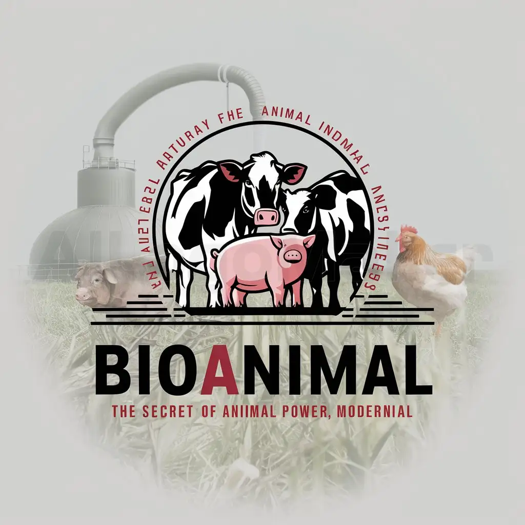 a logo design,with the text "Bioanimal", main symbol:I want a logo with 3 farm animals together with the logo of natural biogas, I want it to have colors that the slogan has the secret of animal power,Moderate,be used in Animal industry,clear background