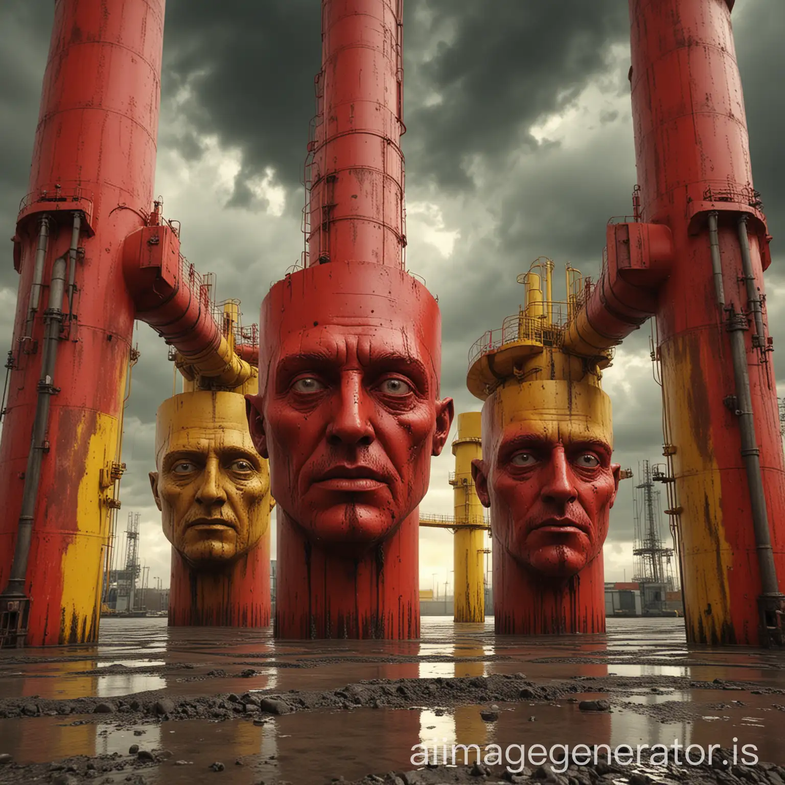 three surreal man-face-trapezoidal-aquasuiton bolts-tubes, concrete buildings, distillation petrochemical columns, red palette and acid yellow color, PL photo filter, black clouds, Ray Tracing Global Illumination, Optics, Scattering, Glow, insanely detailed and intricate, superdetailed