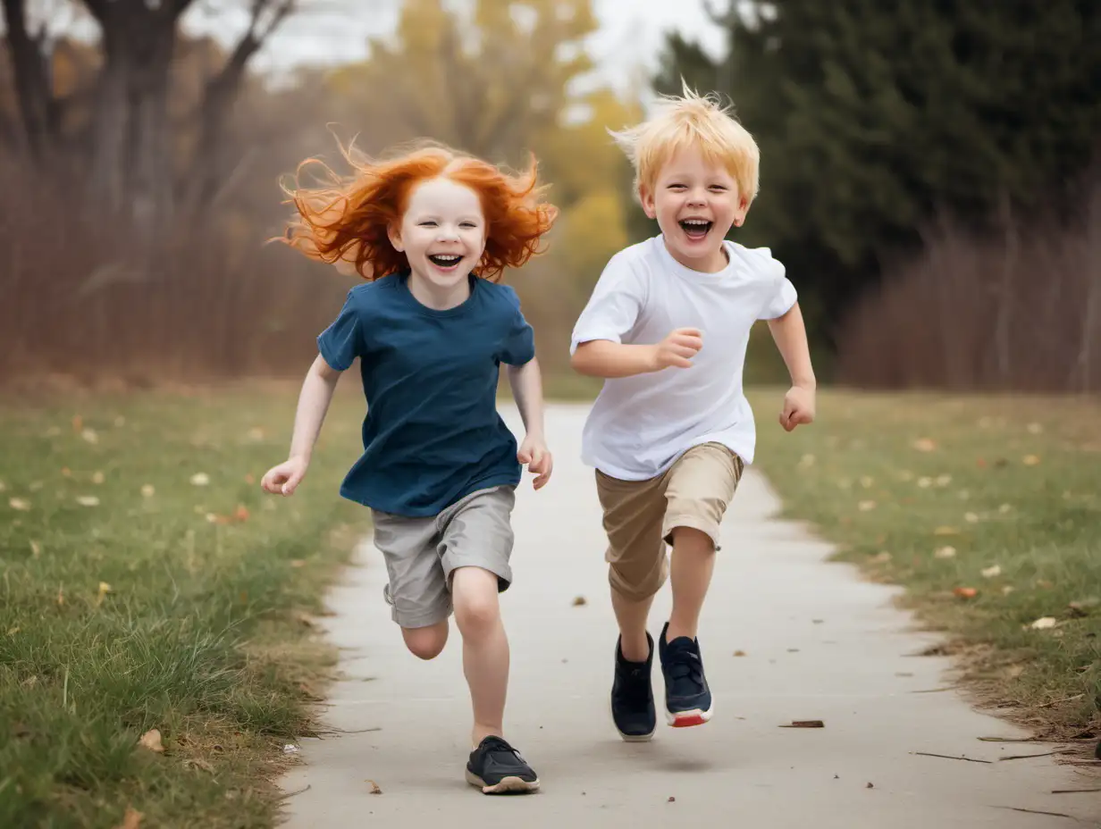 A redhead little girl and a blonde hair little boy running and playing smiling and laughing 