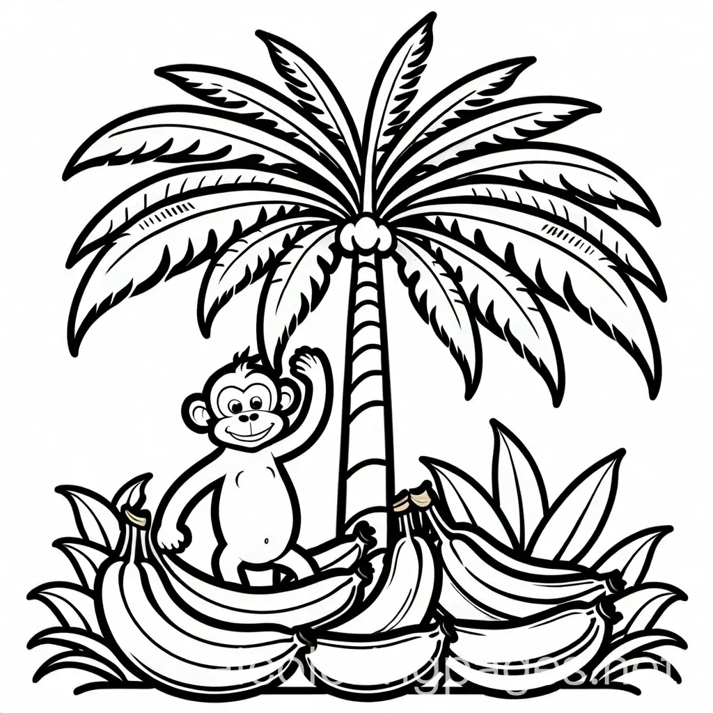 big tall palm tree with bananas and monkey

, Coloring Page, black and white, line art, white background, Simplicity, Ample White Space. The background of the coloring page is plain white to make it easy for young children to color within the lines. The outlines of all the subjects are easy to distinguish, making it simple for kids to color without too much difficulty