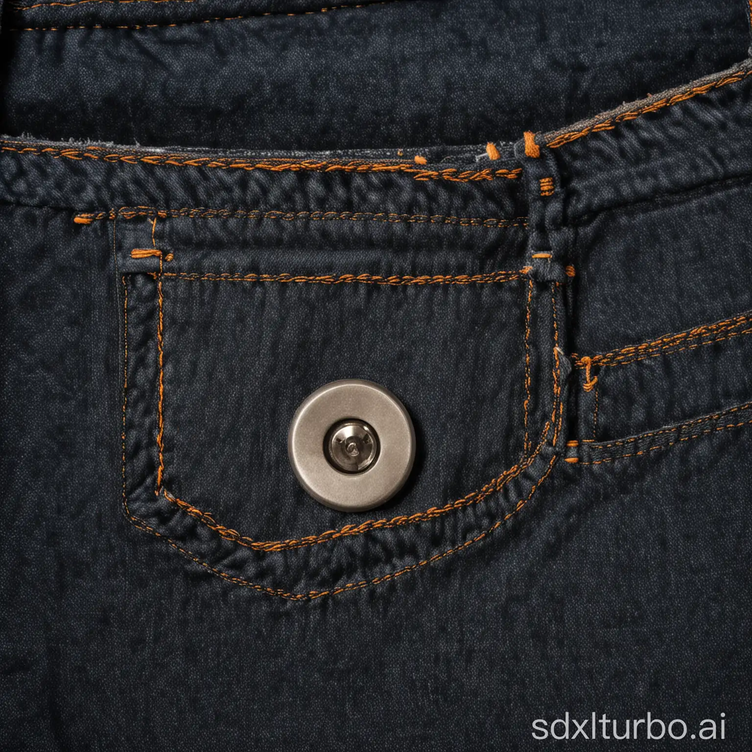 A close-up of a pair of dark-wash denim jeans. The jeans are made of a thick, durable denim fabric and have a classic five-pocket design. The stitching is done in a contrasting color, and the buttons and rivets are made of metal.