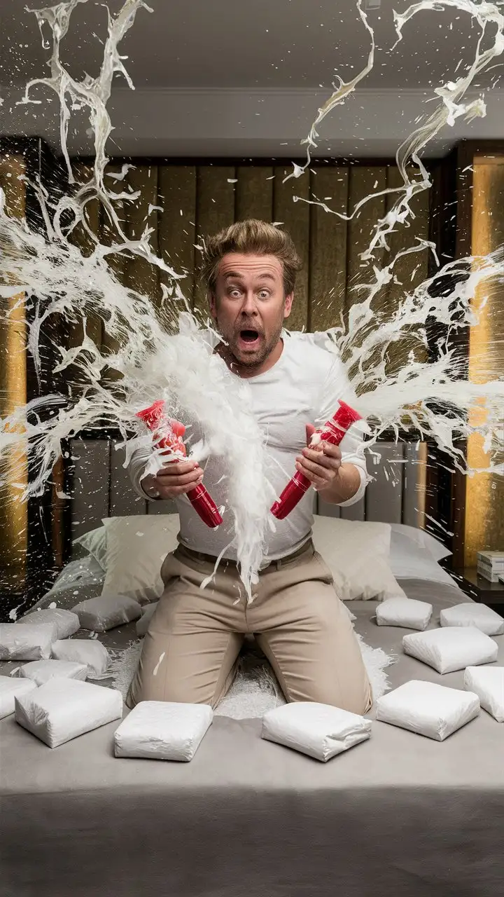 A man kneeing on bed with white wrapped tissues surrounding him and this shocked man is very surprised because he is holding a red tube that is exploding of this white liquid. 











