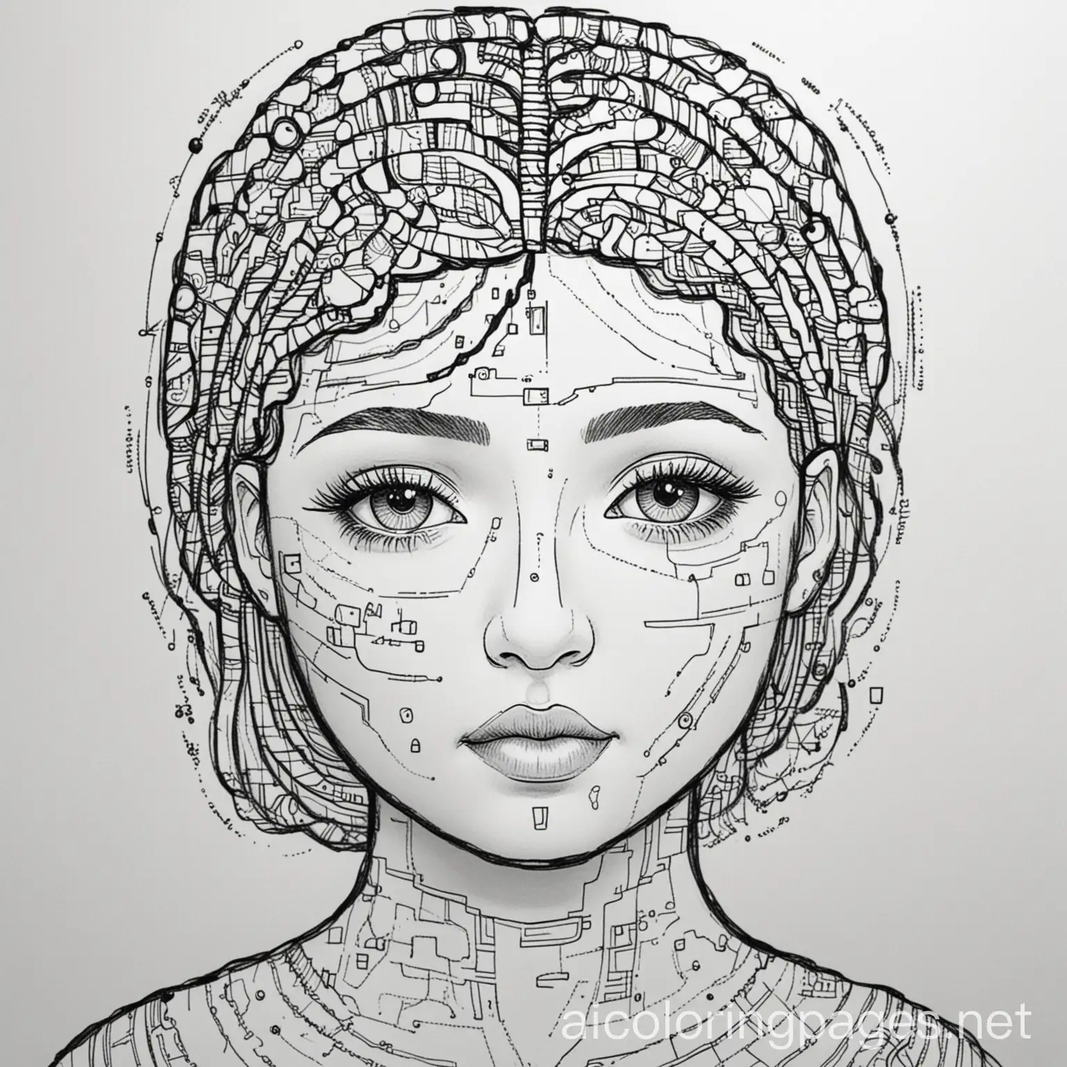 AI and the mind, Coloring Page, black and white, line art, white background, Simplicity, Ample White Space. The background of the coloring page is plain white to make it easy for young children to color within the lines. The outlines of all the subjects are easy to distinguish, making it simple for kids to color without too much difficulty