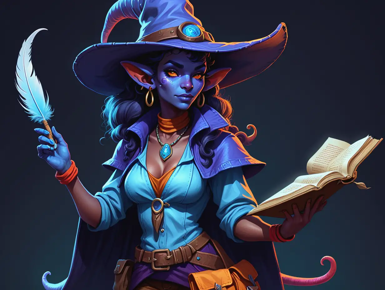 a lithe blue-skinned tiefling woman in brightly colored archaeologist-styled clothes including a wide-brimmed hat. She is a wizard and carries a spellbook and a magical feather quill.
