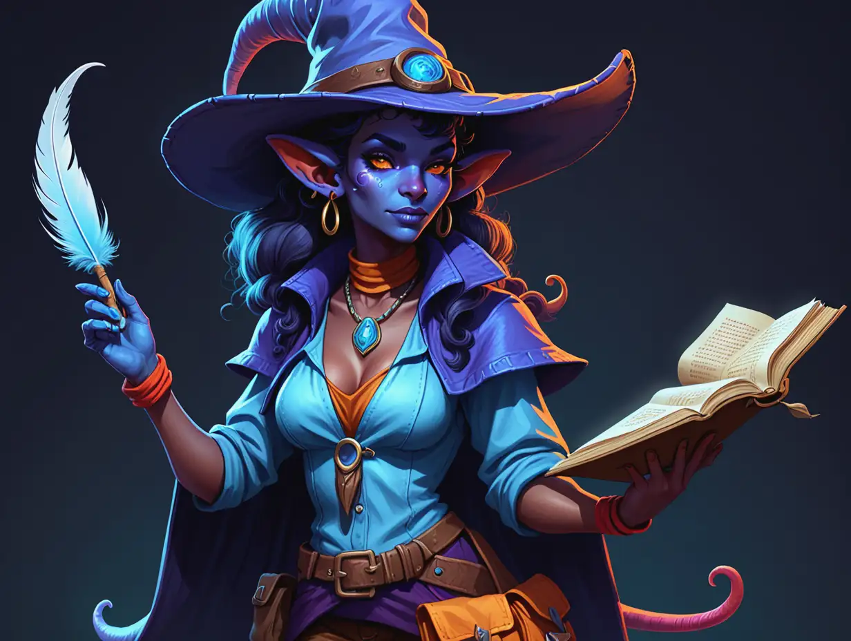 a lithe blue-skinned tiefling woman in brightly colored archaeologist-styled clothes including a wide-brimmed hat.  She is a wizard and carries a spellbook and a magical feather quill.