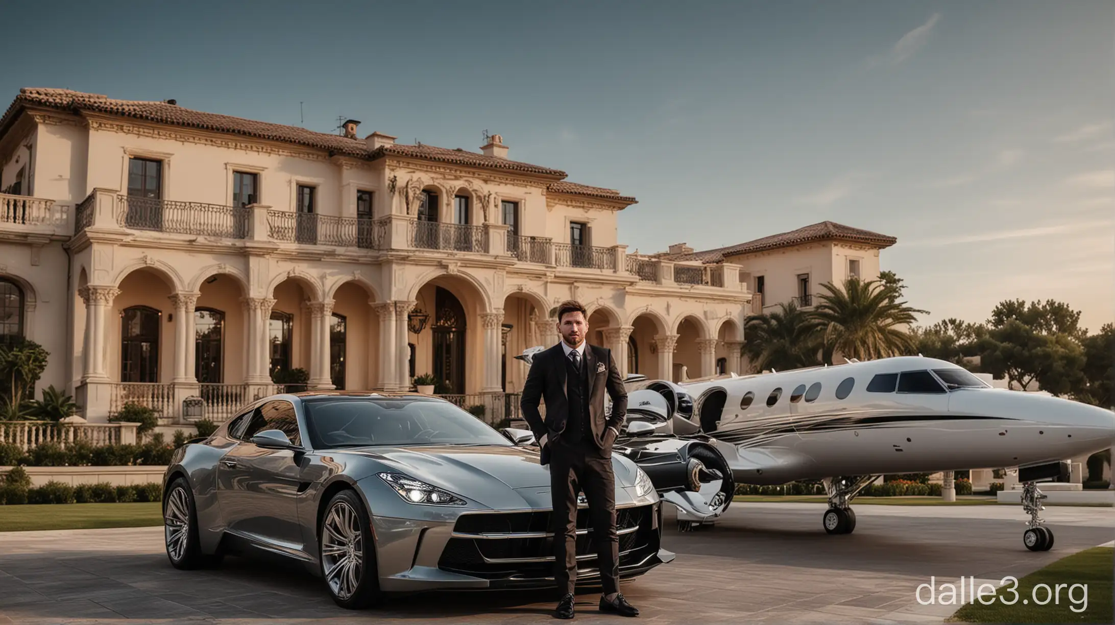 A captivating image showcasing Lionel Messi standing in front of his luxurious mansion, with his private jet soaring in the background and a montage of his extravagant purchases surrounding him, symbolizing his opulent lifestyle.