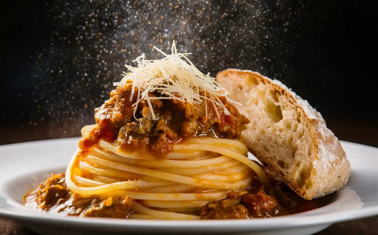 Delectable-Savory-Pasta-with-Meat-Sauce-and-Herb-Bread-in-Backlit-MidSegment-Perspective