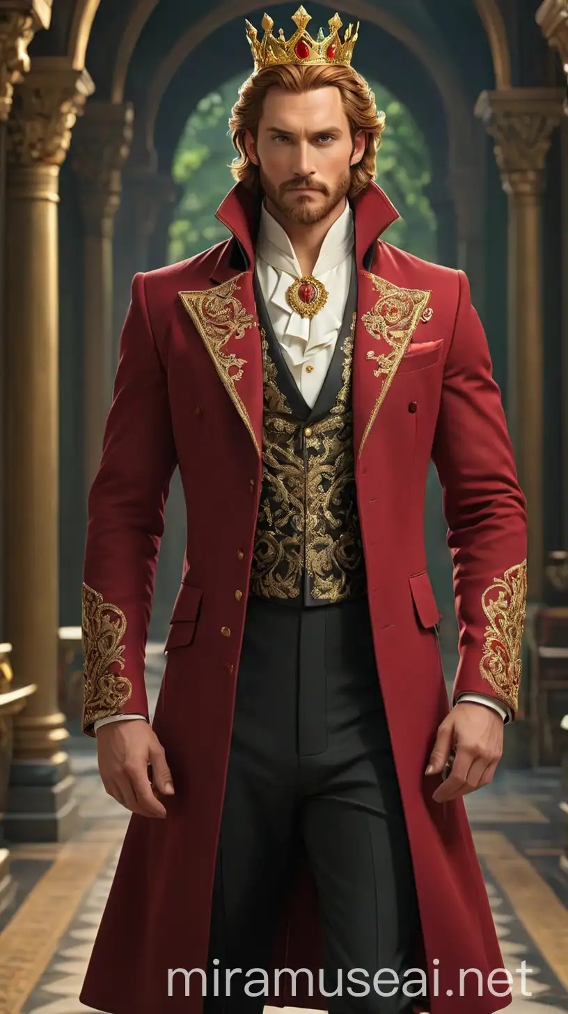 A regal and imposing figure, with a commanding presence that befits his royal title. He has a tall and muscular build, with broad shoulders and a dignified posture. His hair is a rich red, styled in a sleek and sophisticated manner, with a neatly trimmed red beard framing his strong jawline. The Man's eyes are a deep shade of green, sharp and penetrating, reflecting his intelligence and authority. His outfit exudes elegance and power, befitting of the ruler of Wonderland. He wears a tailored crimson red suit adorned with intricate gold embroidery and embellishments, symbolizing his status as the King of Hearts. The suit is impeccably tailored to fit his frame, with a long black coat that drapes regally over his shoulders, adding to his majestic appearance. Underneath the coat, he wears a crisp white shirt with a high collar, accented with a gold cravat tied in a sophisticated knot. The Man's trousers are a deep shade of black, tailored to perfection and adorned with subtle gold pinstripes, adding a touch of refinement to his ensemble. On his feet, he wears polished black leather boots with gold accents, ensuring both style and comfort for his royal duties. The Man accessorizes with a gold crown adorned with intricate filigree designs and a heart-shaped ruby at its center, symbolizing his authority and lineage. In his hand, he carries a silver scepter topped with a red ruby heart, a symbol of his power and sovereignty over Wonderland. The Man's demeanor is regal and dignified, with an air of authority that commands respect from all who meet him. Overall, The Man exudes an aura of majesty and power, blending elements of royalty, elegance, and sophistication in his distinguished fashion choices. 