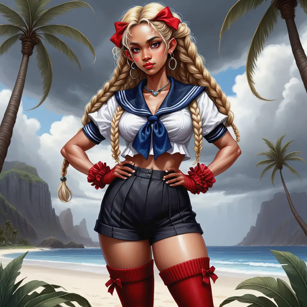 Caribbean Islander Woman in Red and White Sailor Fuku and Victorian Ringlets