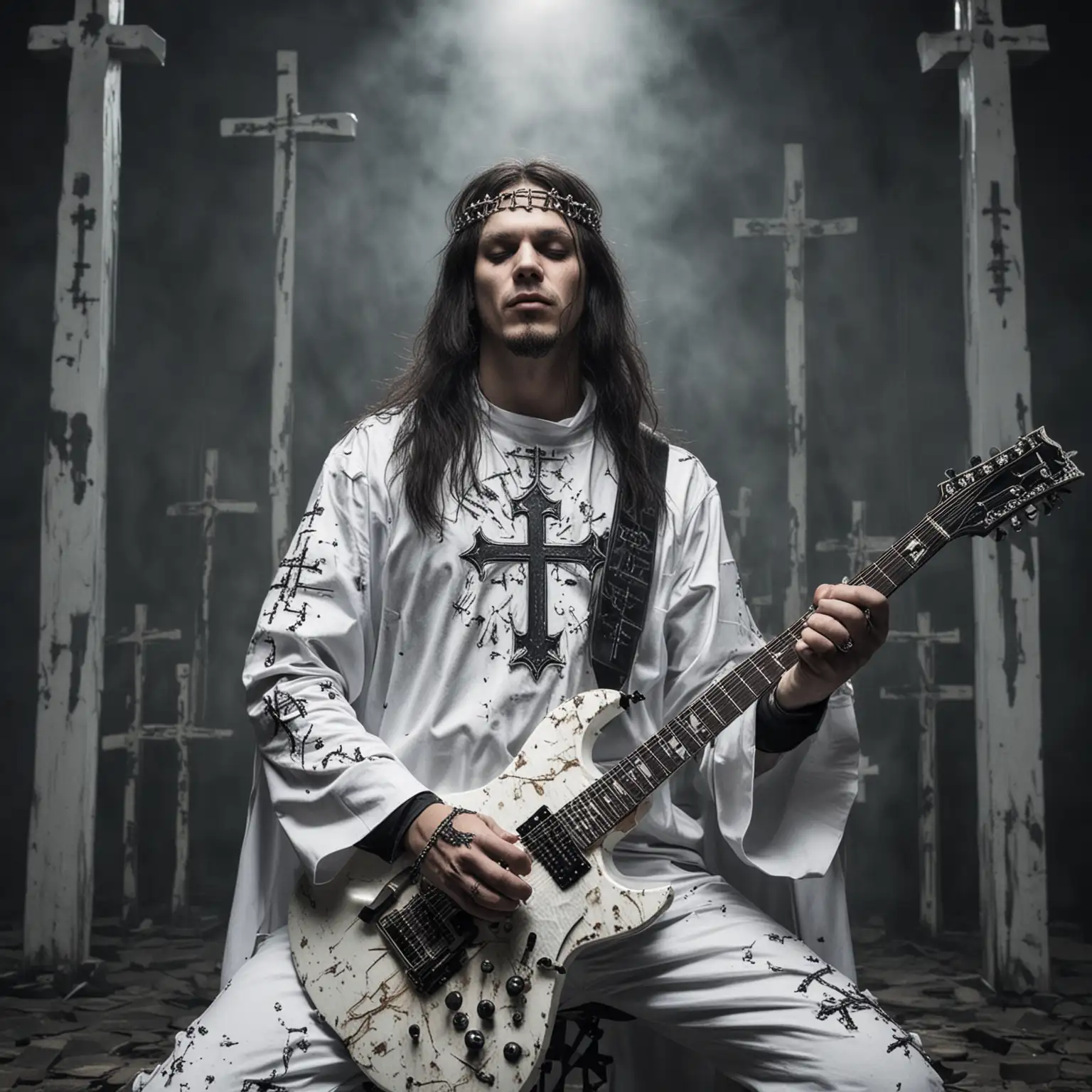 Un guitariste de métal qui est habillé en blanc avec des croix chrétiennes. 