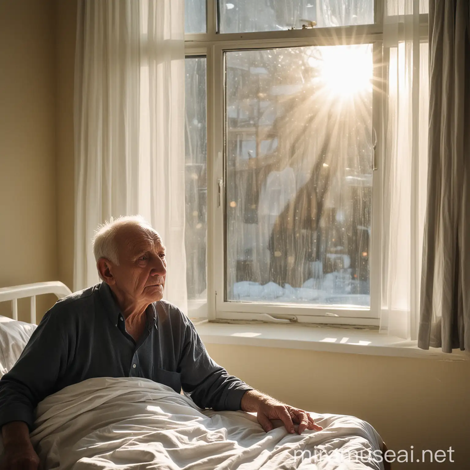Enfermedad, miedo, hospital, ventana , luz del sol, cama, hombre anciano 