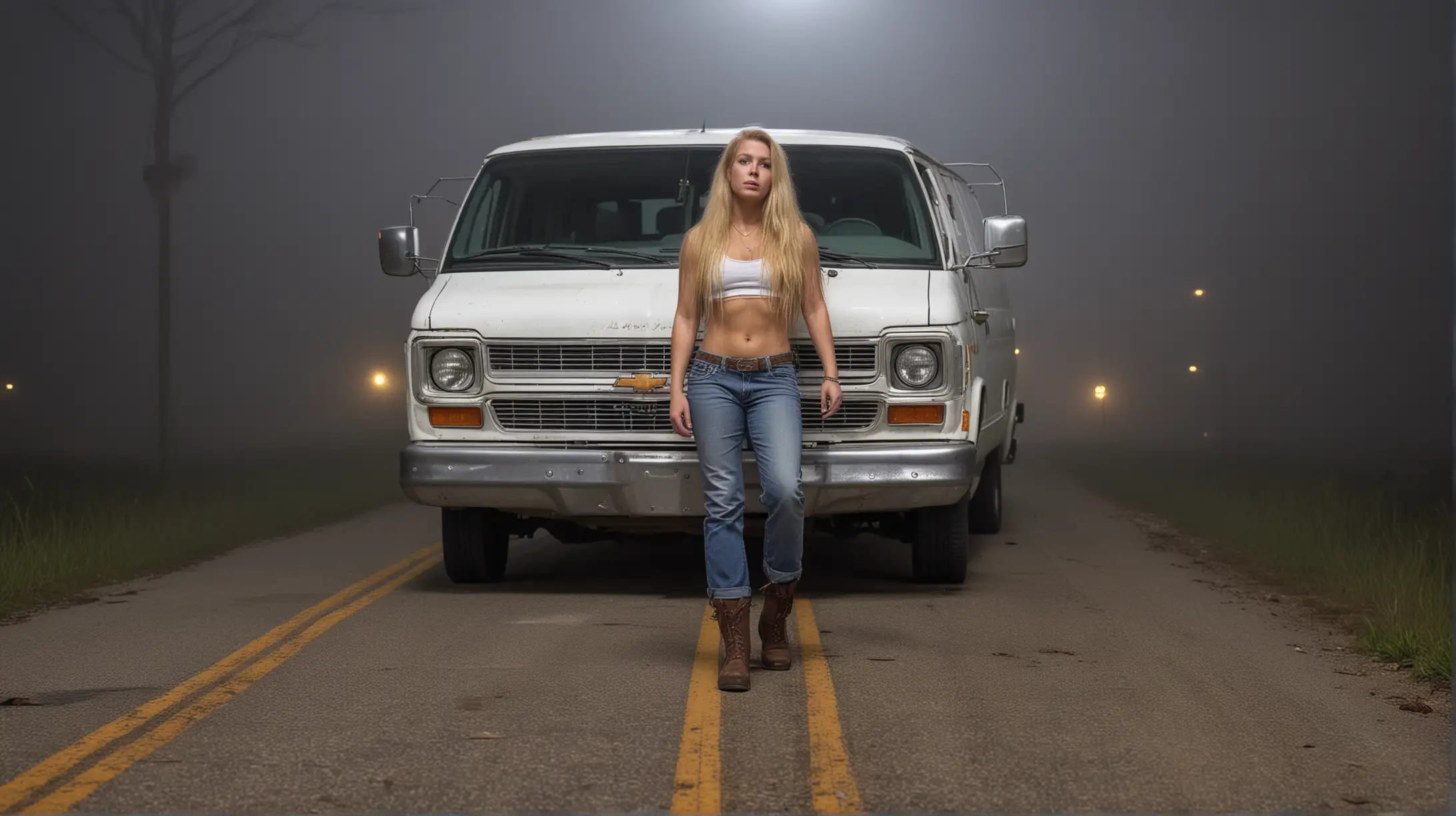 a tough redneck white woman with beautiful long blonde hair next to an old white chevy van on a lonely Louisiana road at night in the fog 